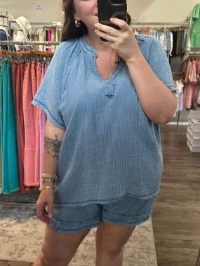 Curvy Blue Washed Gauze Top