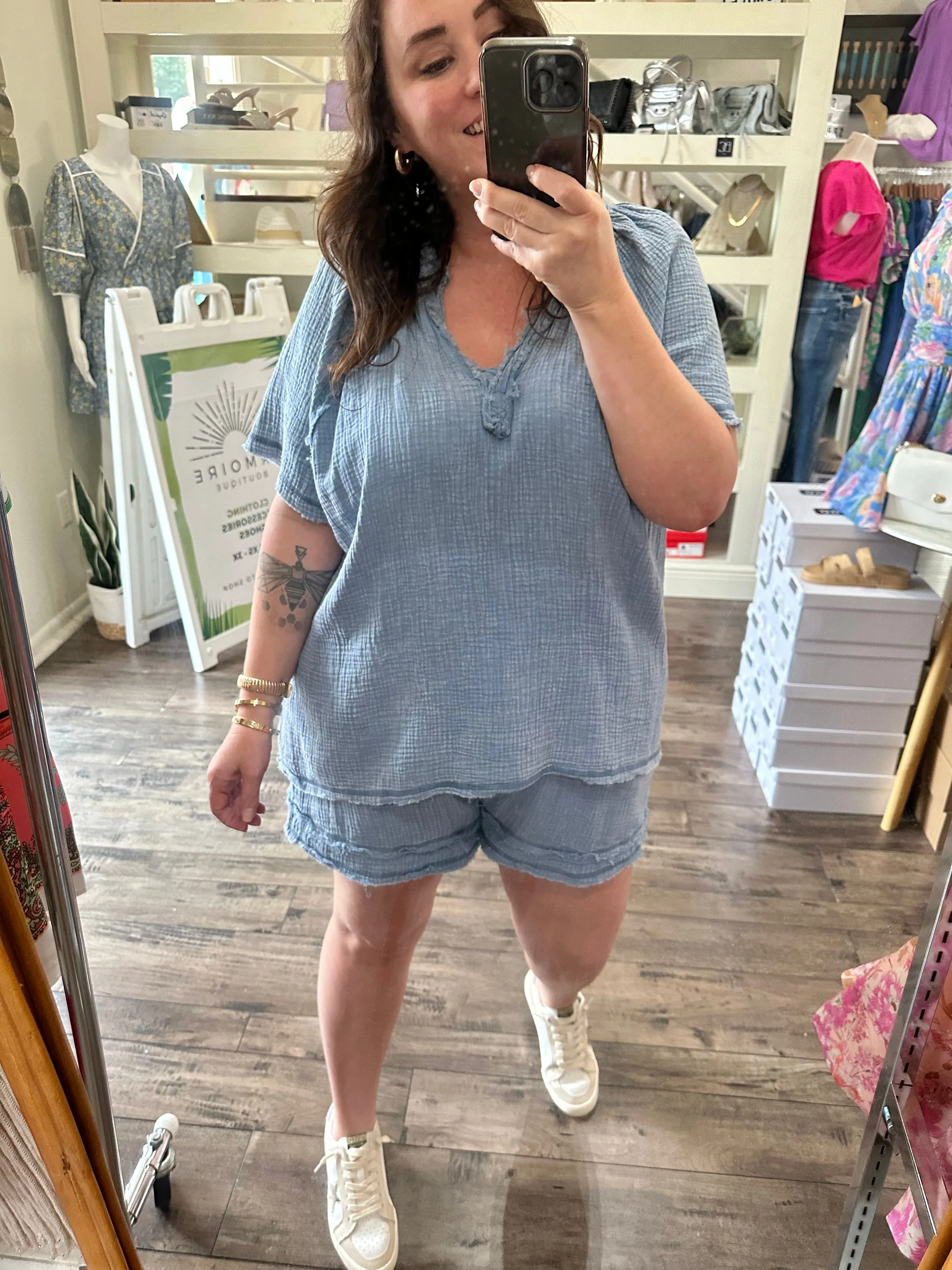 Curvy Blue Washed Gauze Top