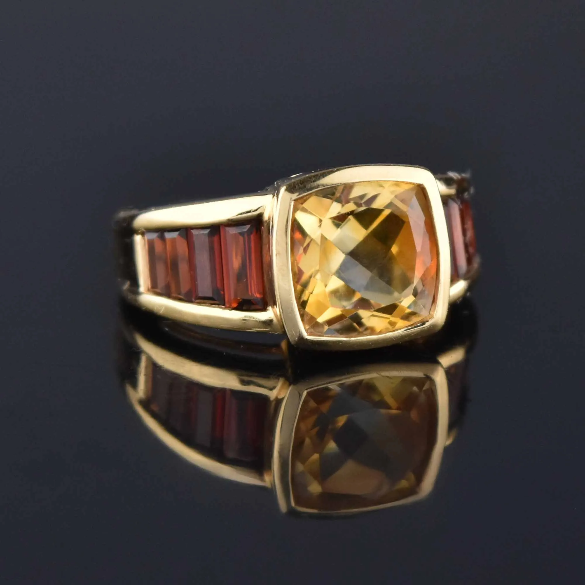 Cushion Cut Citrine Baguette Garnet Band Ring, 14K Gold