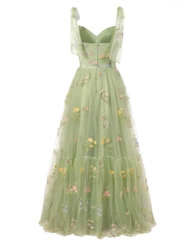 Cute Floral Green A-line Maxi Long Party Prom Dresses,Evening Dress,13520