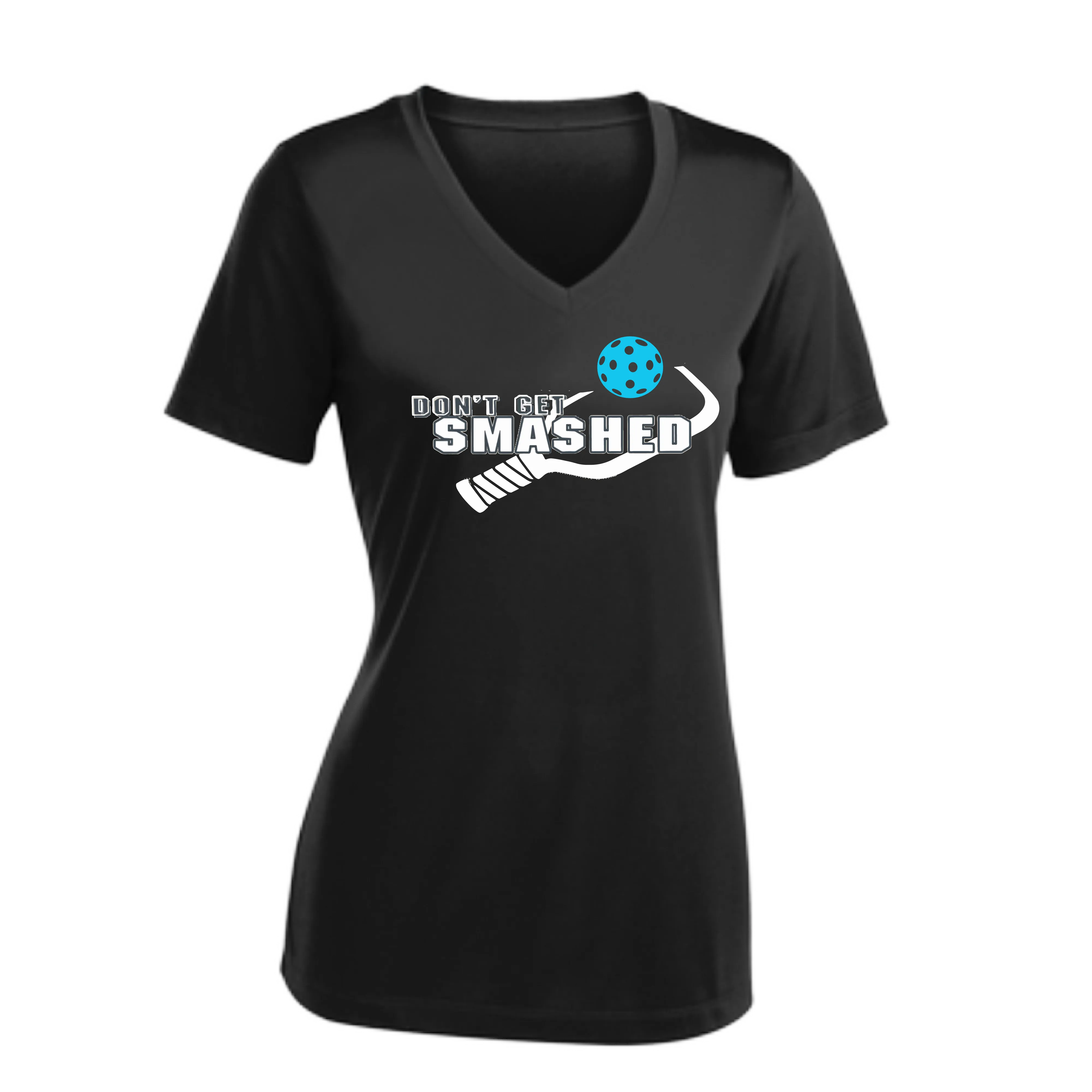 Don't Get Smashed Customizable Pickleballs (Cyan Orange Pink) | Women's Short Sleeve V-Neck Pickleball Shirts | 100% Polyester