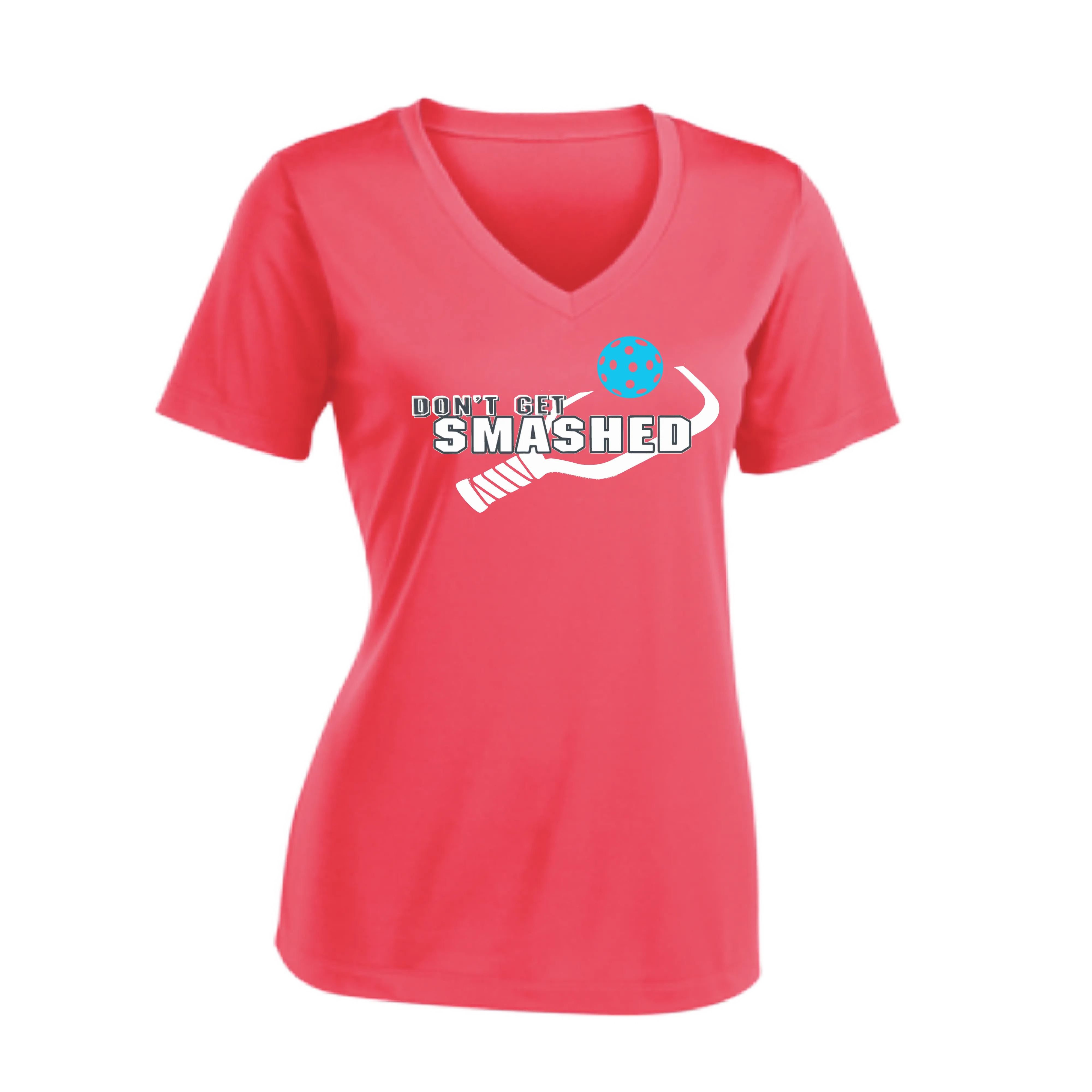 Don't Get Smashed Customizable Pickleballs (Cyan Orange Pink) | Women's Short Sleeve V-Neck Pickleball Shirts | 100% Polyester