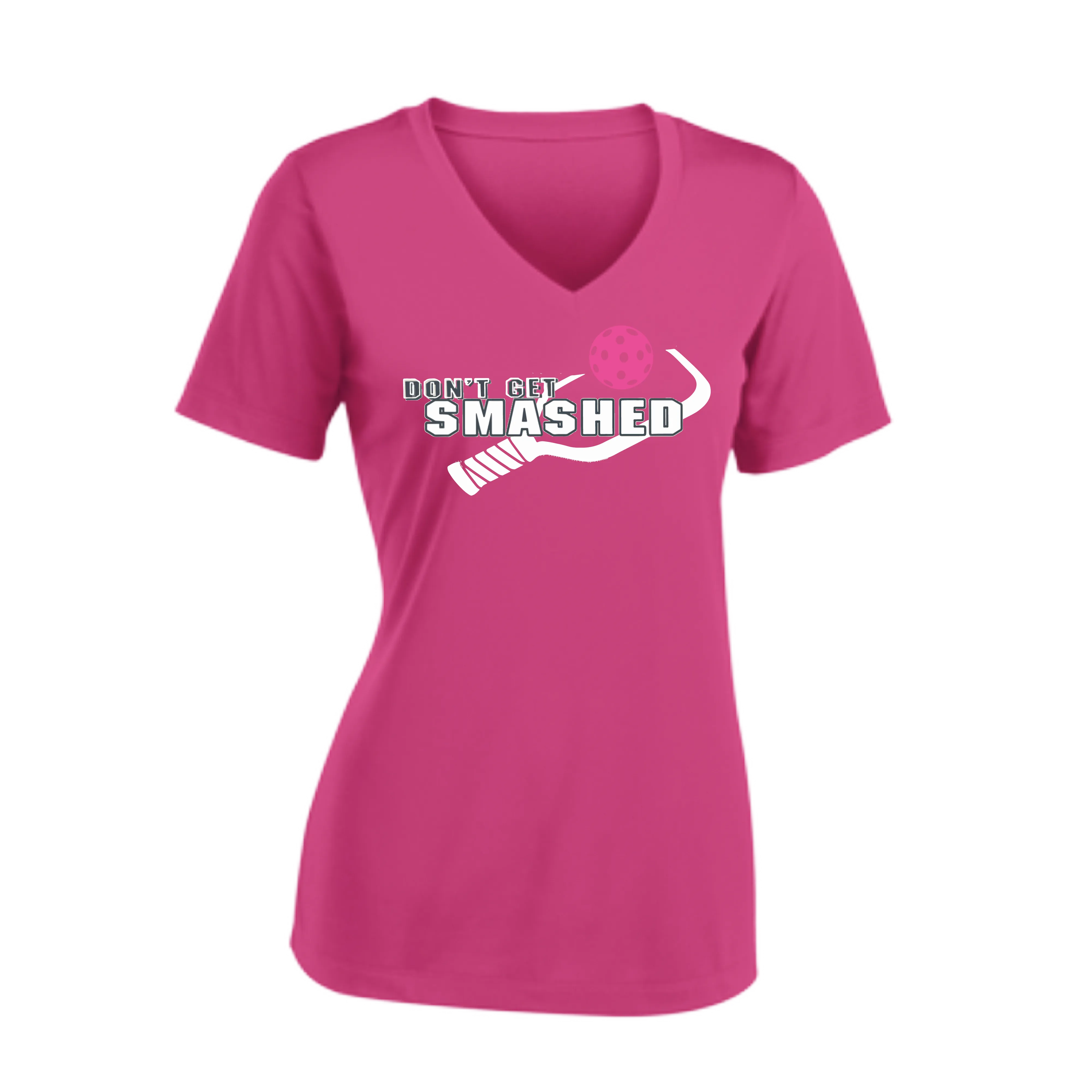 Don't Get Smashed Customizable Pickleballs (Cyan Orange Pink) | Women's Short Sleeve V-Neck Pickleball Shirts | 100% Polyester