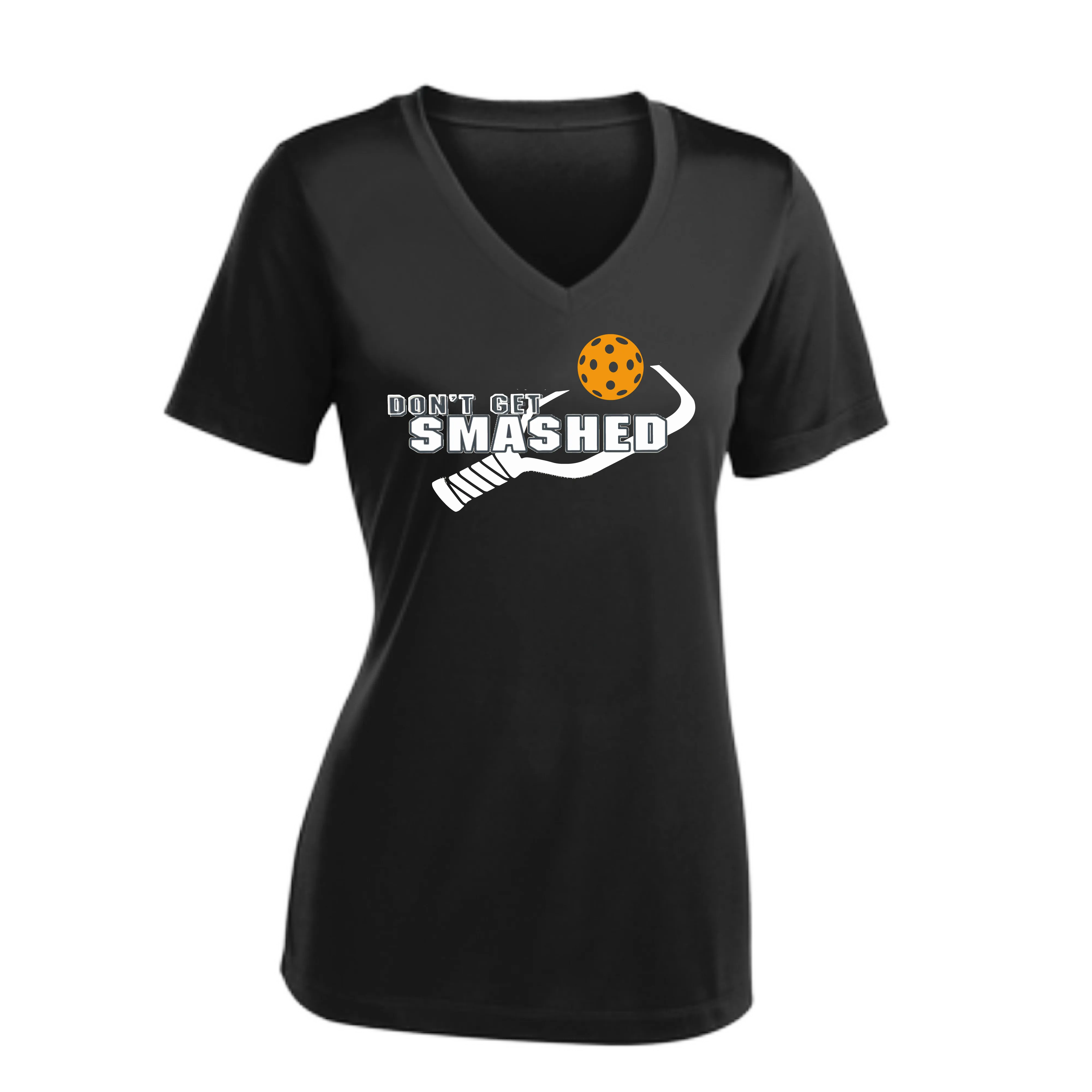 Don't Get Smashed Customizable Pickleballs (Cyan Orange Pink) | Women's Short Sleeve V-Neck Pickleball Shirts | 100% Polyester