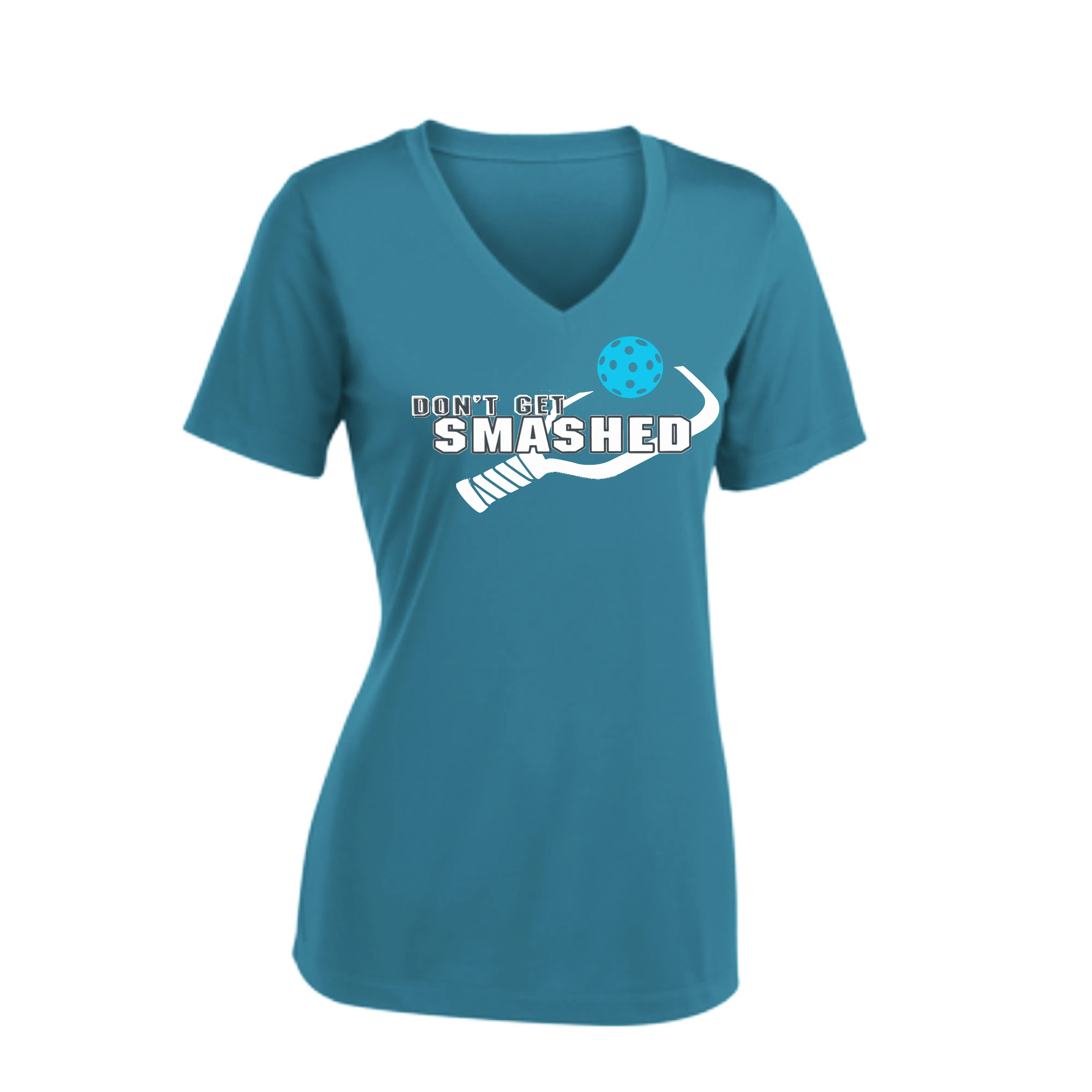 Don't Get Smashed Customizable Pickleballs (Cyan Orange Pink) | Women's Short Sleeve V-Neck Pickleball Shirts | 100% Polyester