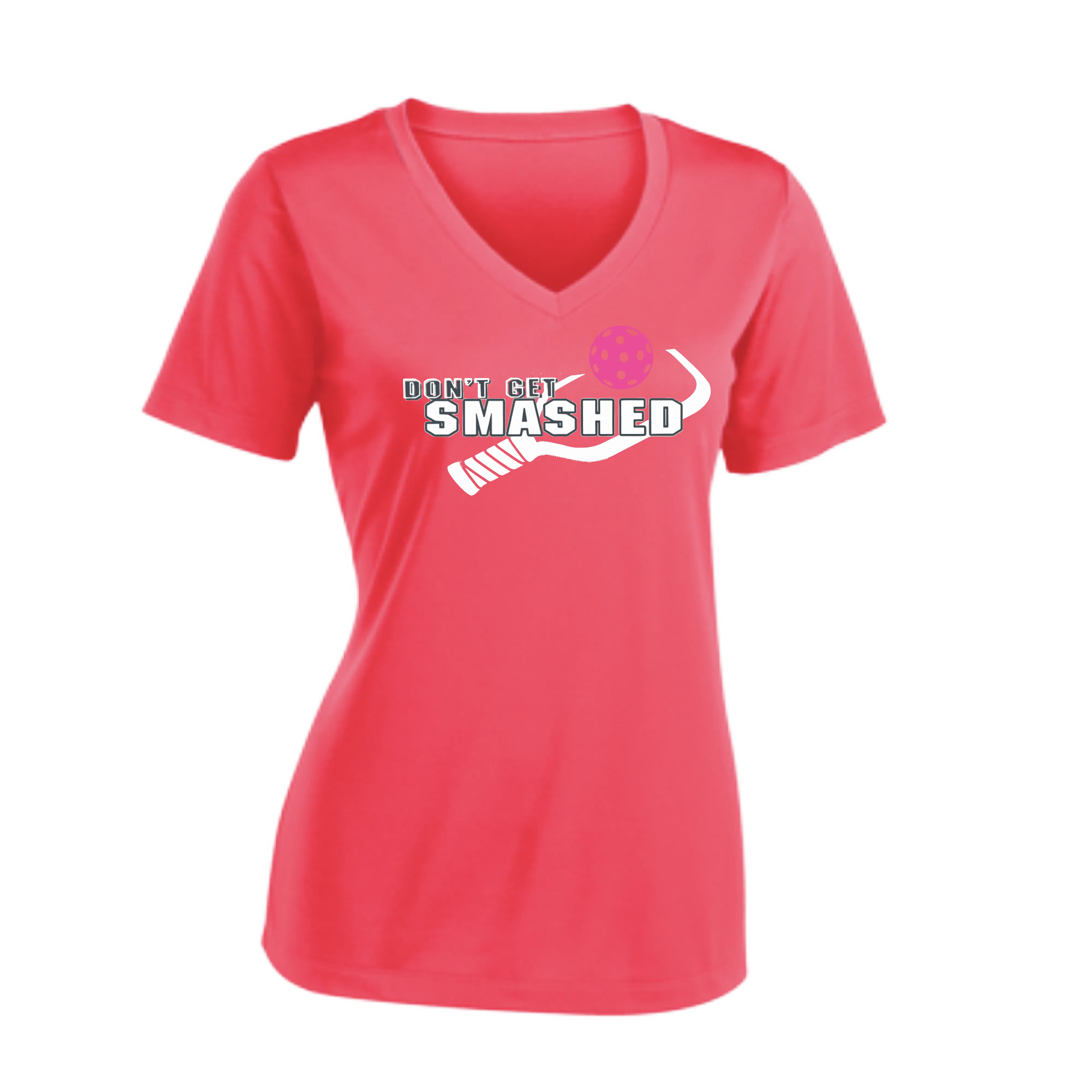 Don't Get Smashed Customizable Pickleballs (Cyan Orange Pink) | Women's Short Sleeve V-Neck Pickleball Shirts | 100% Polyester