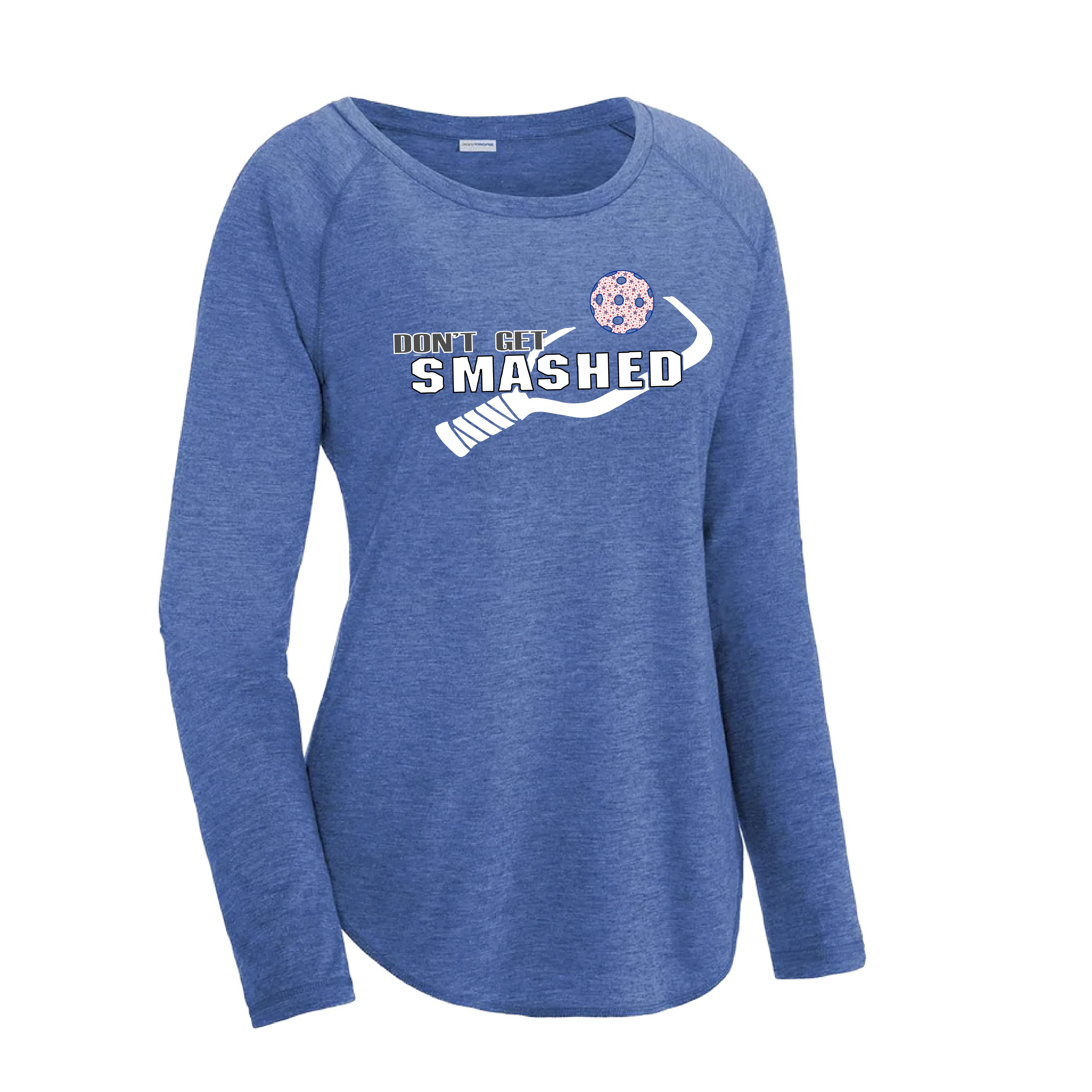 Don't Get Smashed (Pickleballs Patriotic Stars) | Women's Long Sleeve Scoop Neck Pickleball Shirts | 75/13/12 poly/cotton/rayon