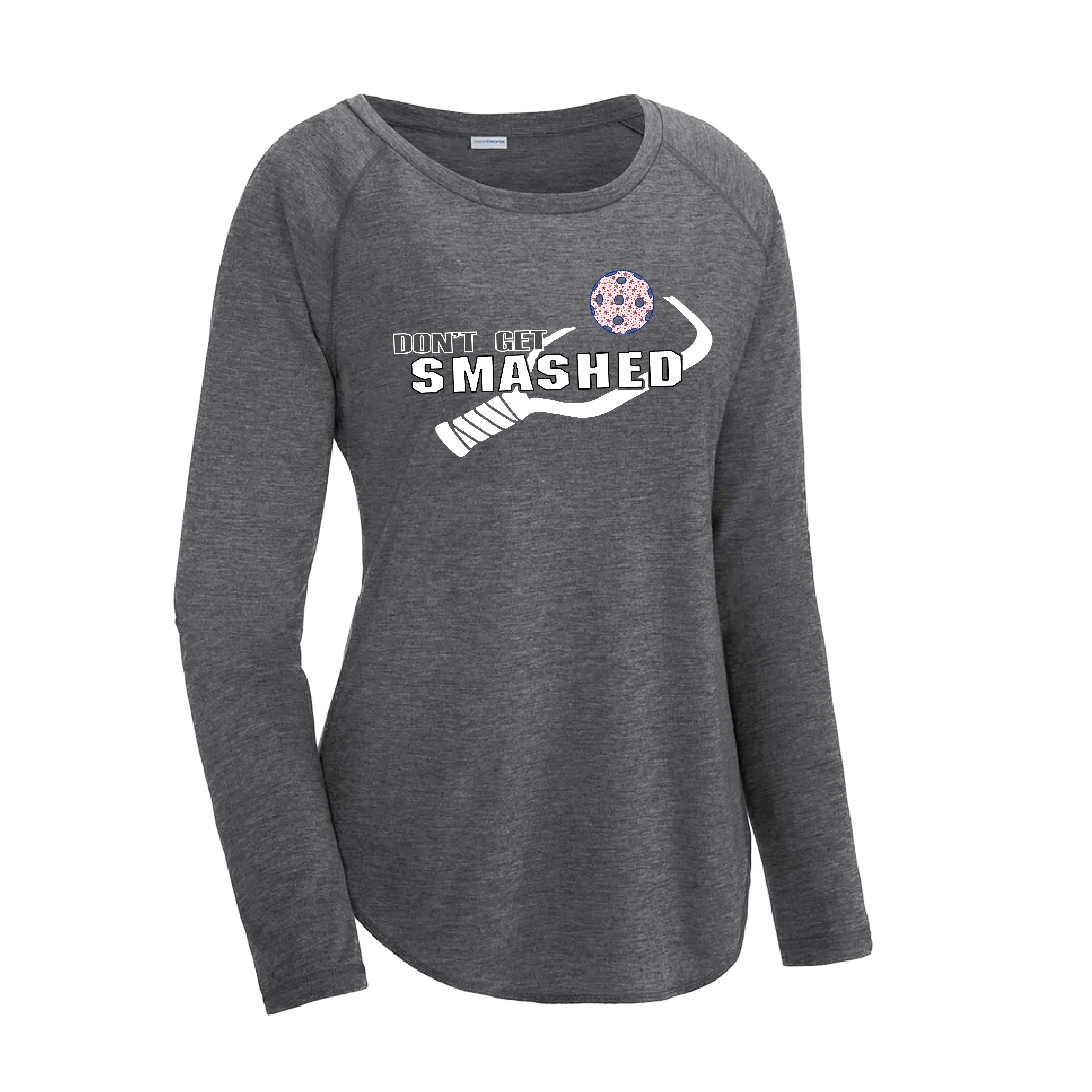 Don't Get Smashed (Pickleballs Patriotic Stars) | Women's Long Sleeve Scoop Neck Pickleball Shirts | 75/13/12 poly/cotton/rayon