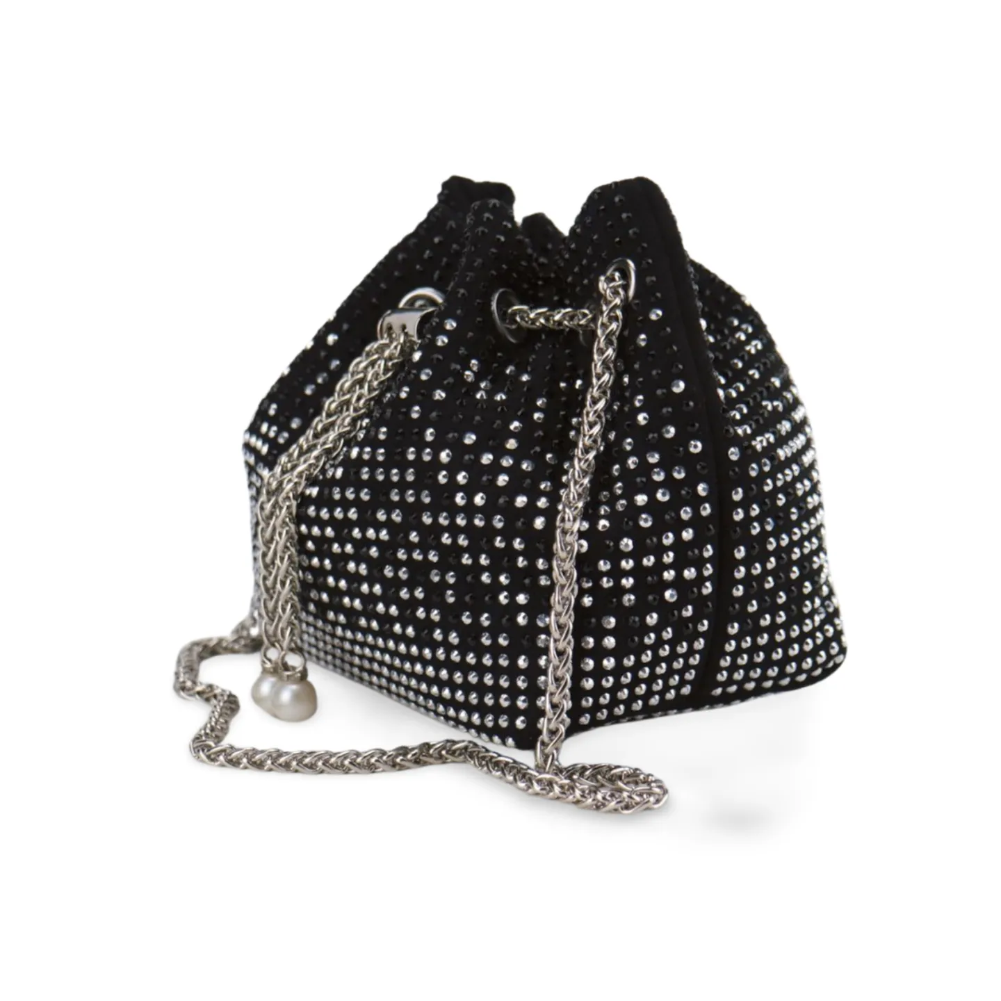 Elegant Bucket Bag With Rhinestones and Pearls With Silver Stainless Steel Chain