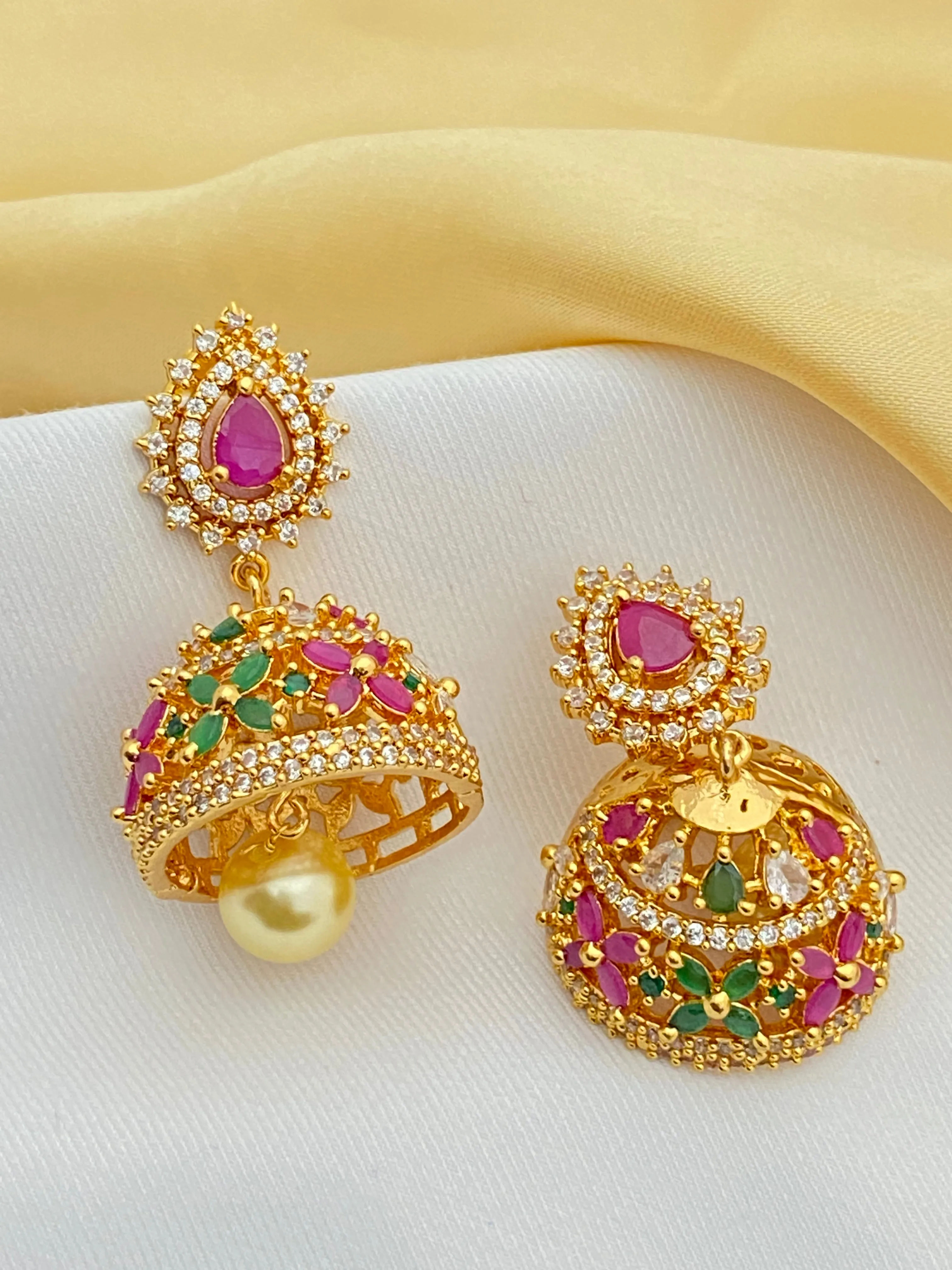 Elegant Gold tone cz ruby green jhumka Earrings