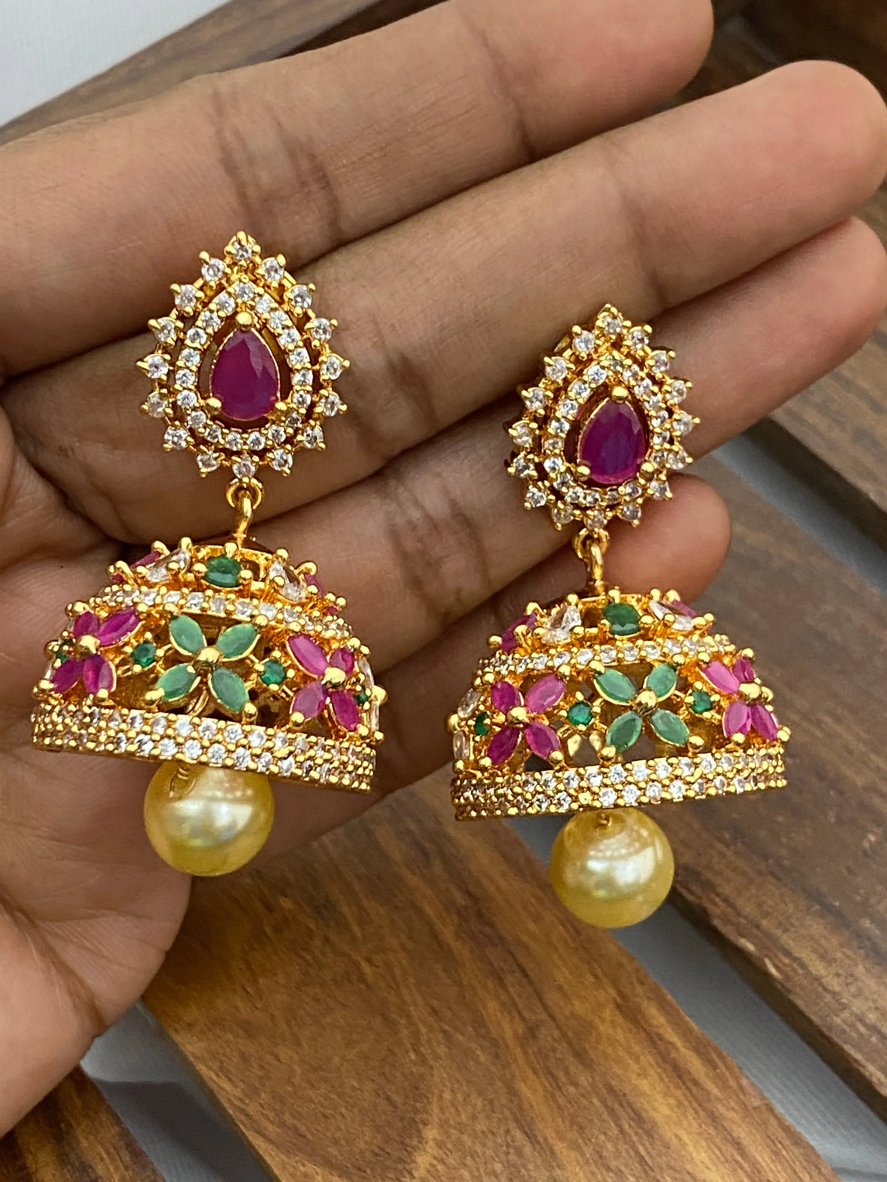 Elegant Gold tone cz ruby green jhumka Earrings