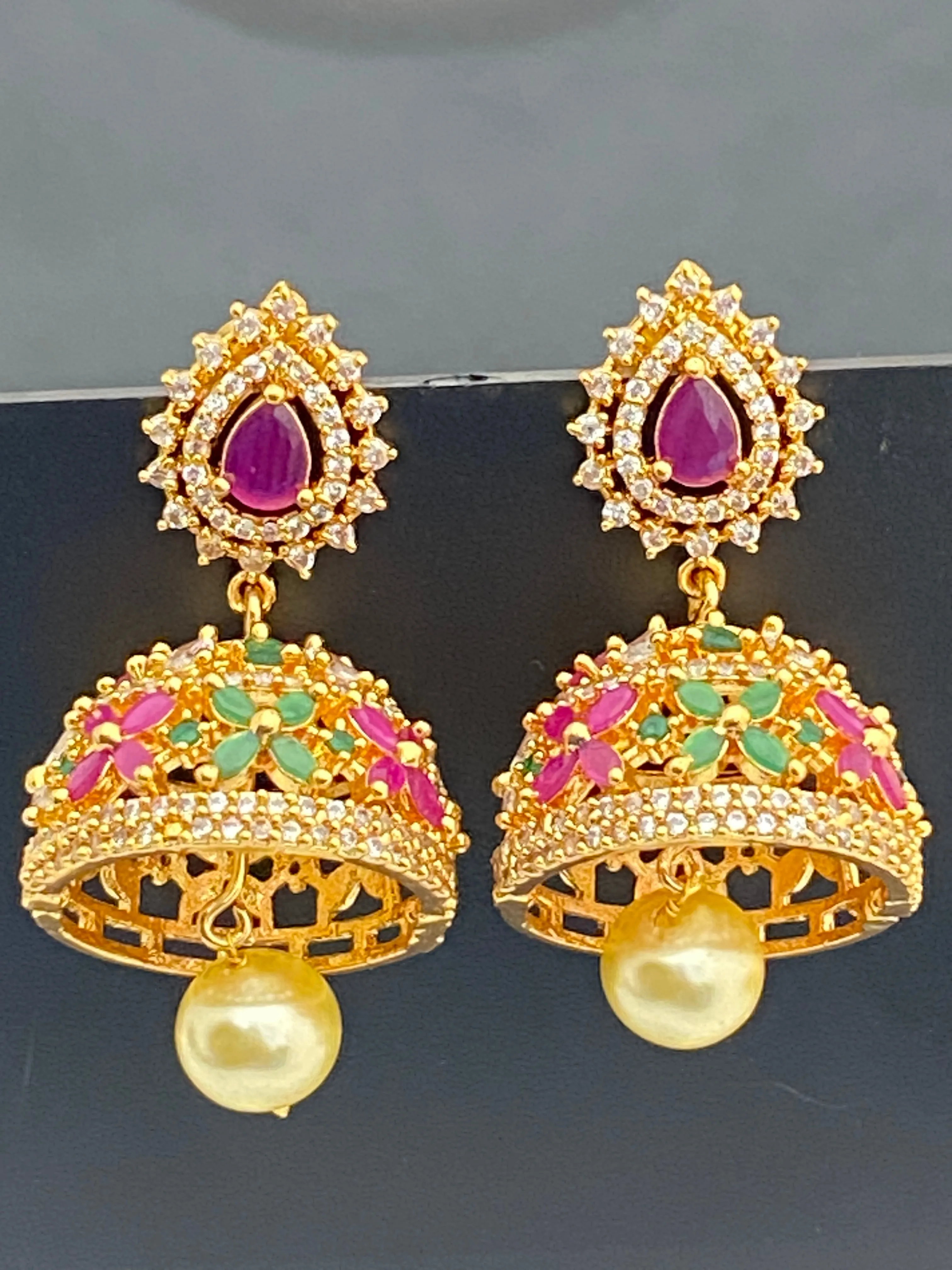 Elegant Gold tone cz ruby green jhumka Earrings