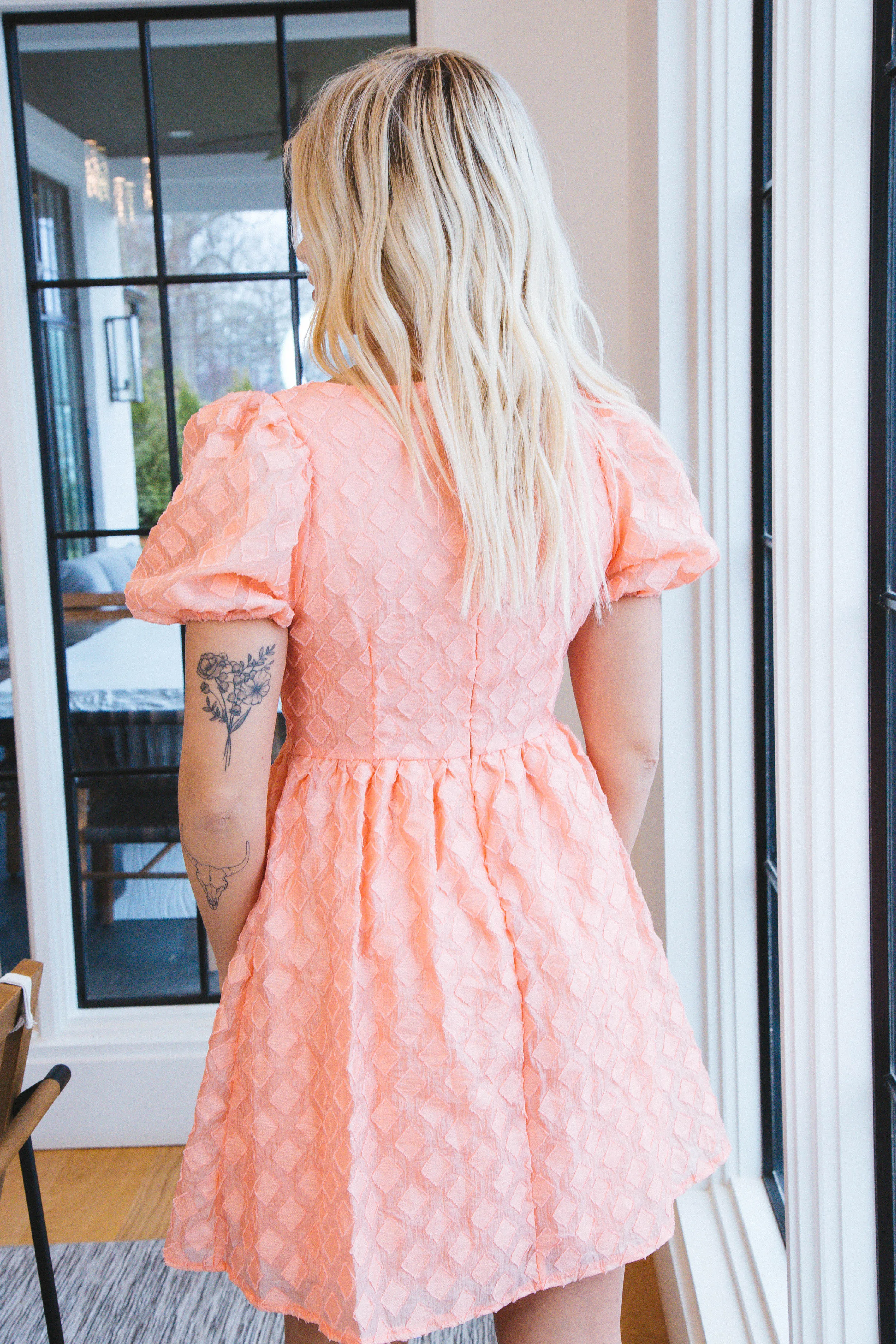 Elsie Puff Sleeve Jacquard Dress, Rose Coral