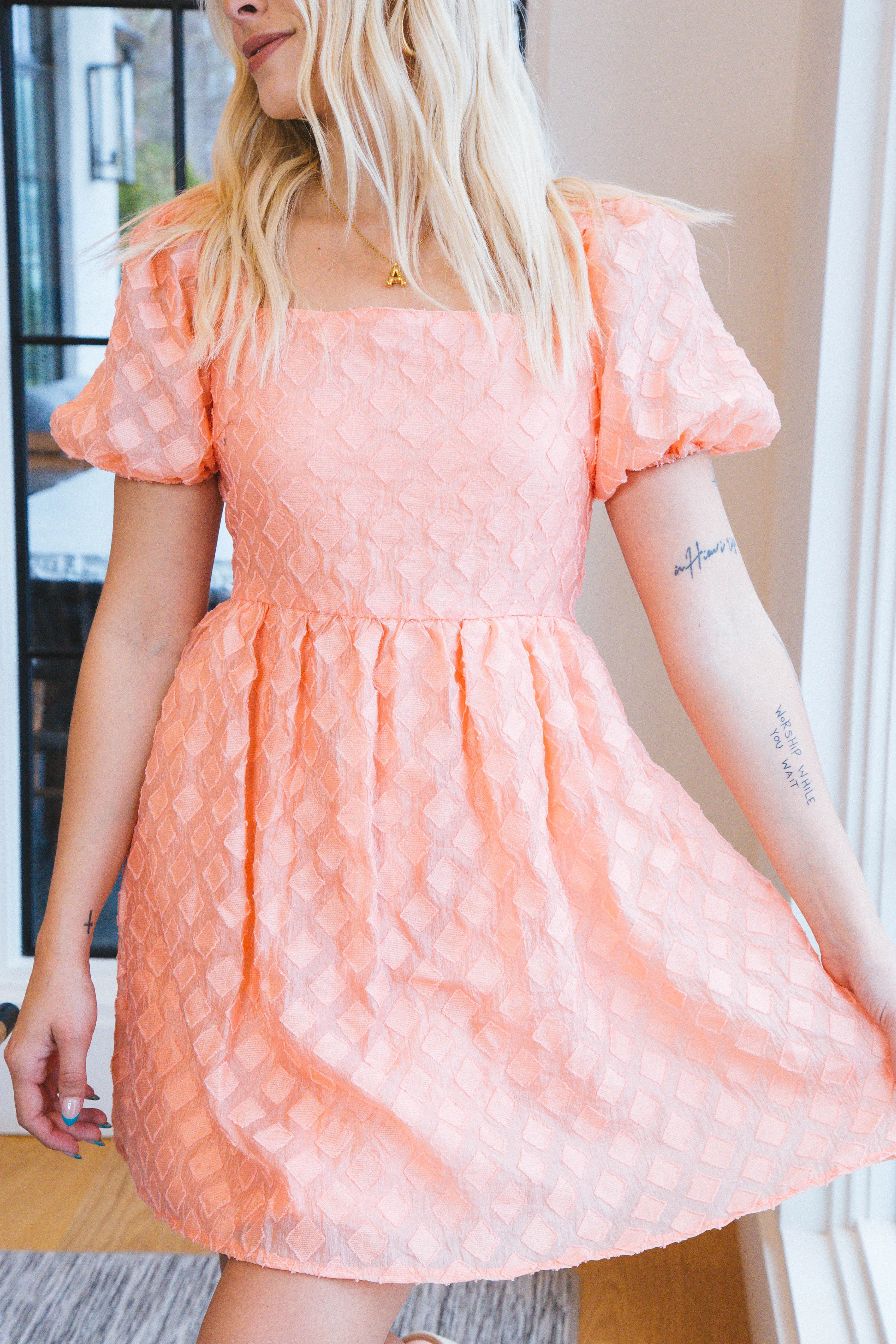 Elsie Puff Sleeve Jacquard Dress, Rose Coral