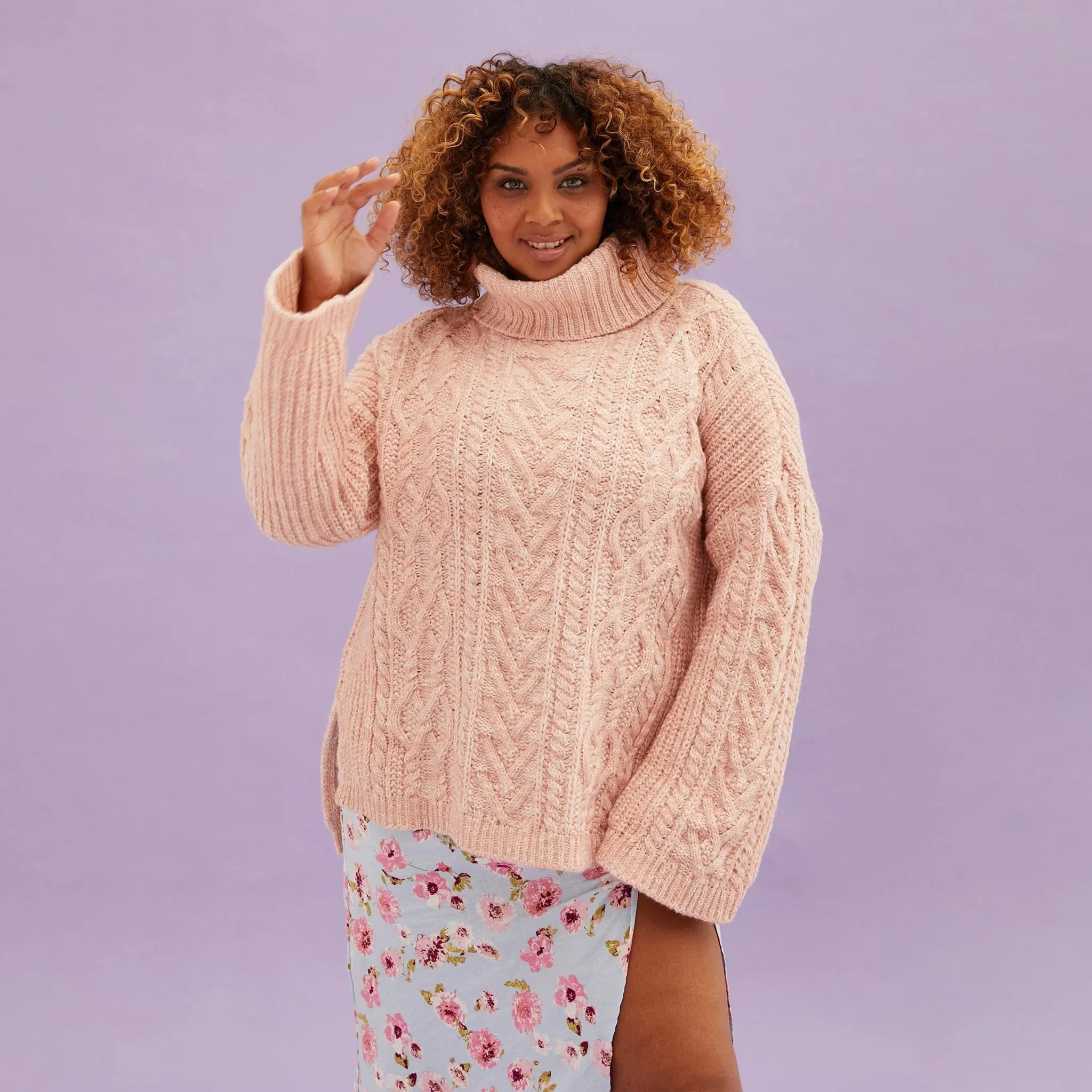 Emily Cable Roll Neck Jumper - Dusky Pink