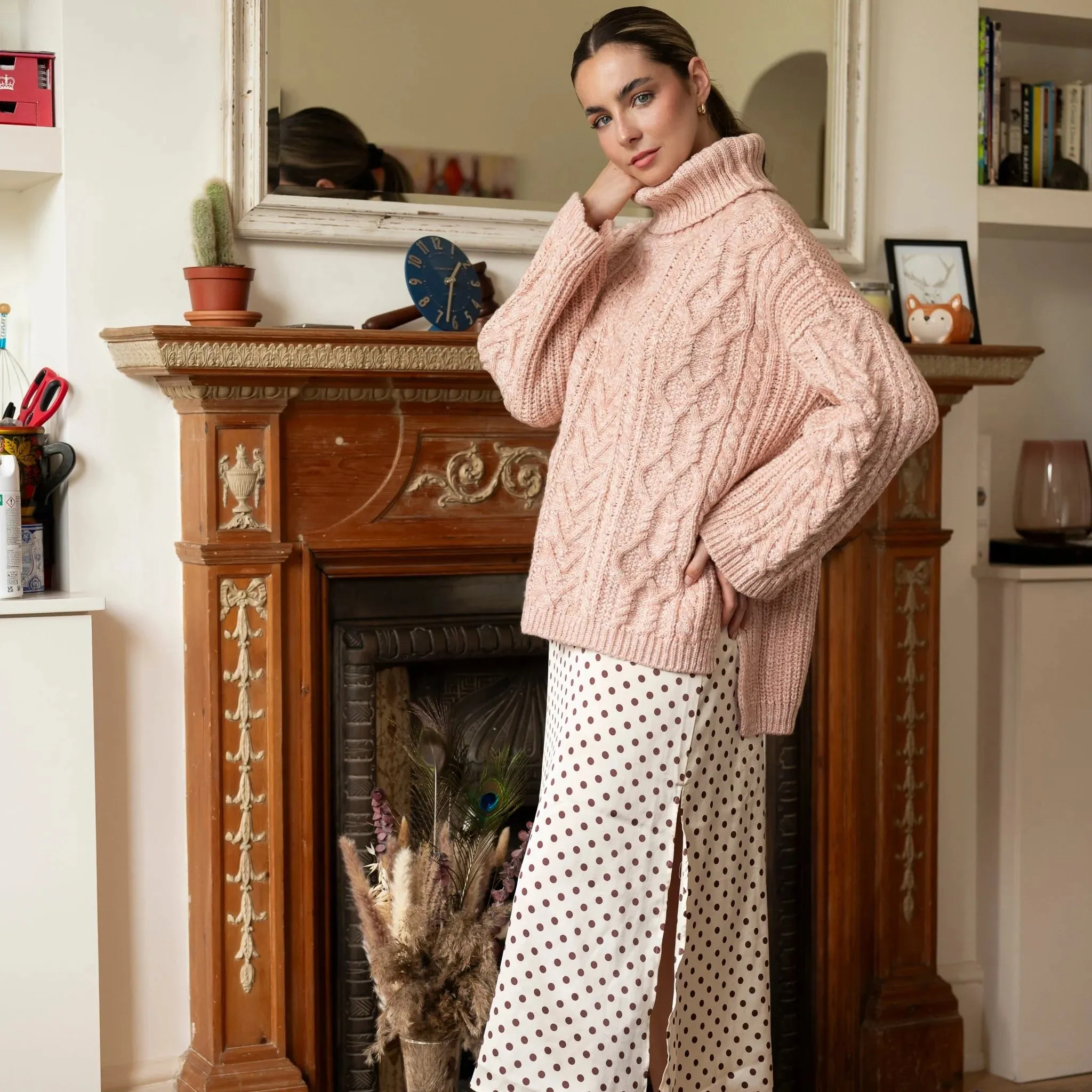 Emily Cable Roll Neck Jumper - Dusky Pink