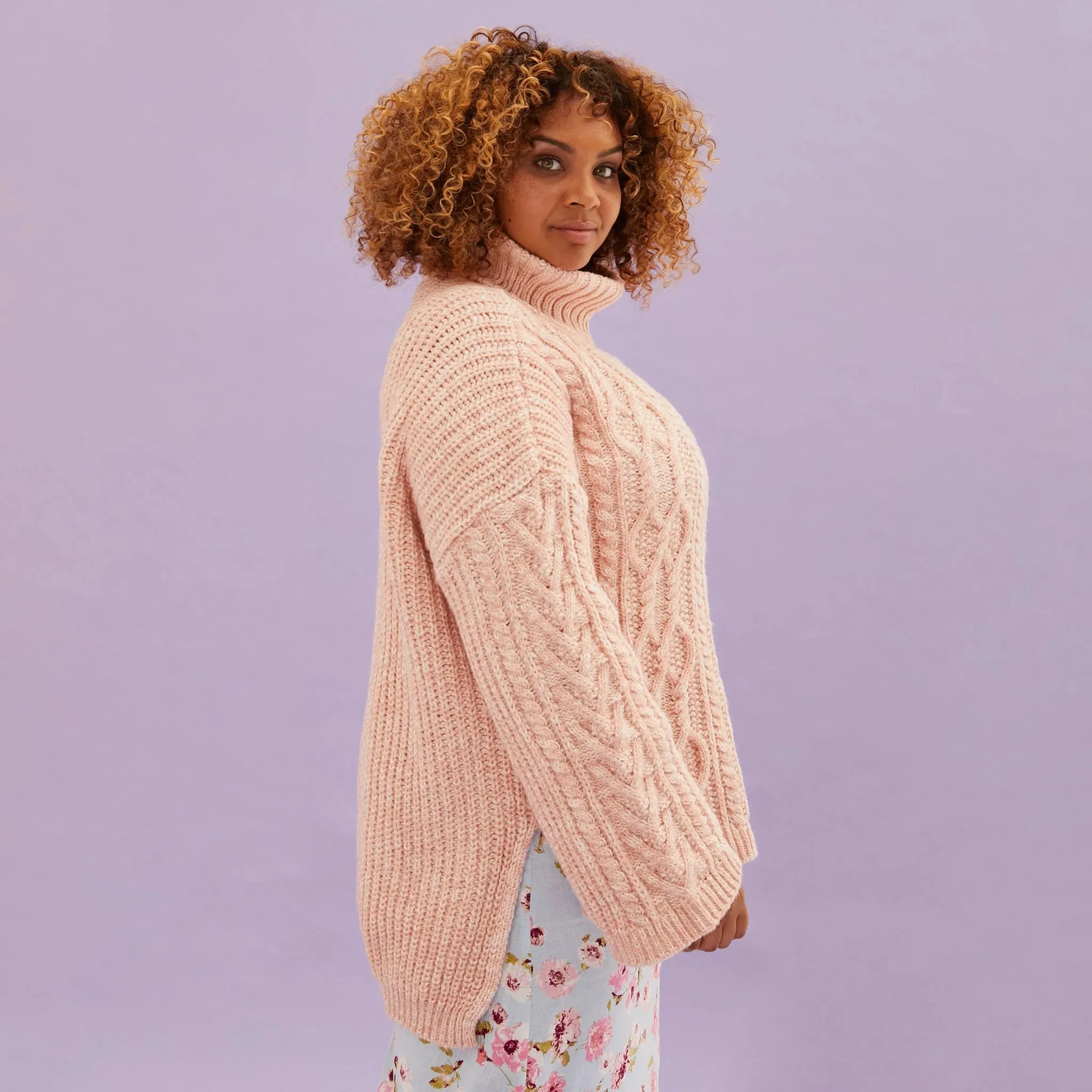 Emily Cable Roll Neck Jumper - Dusky Pink