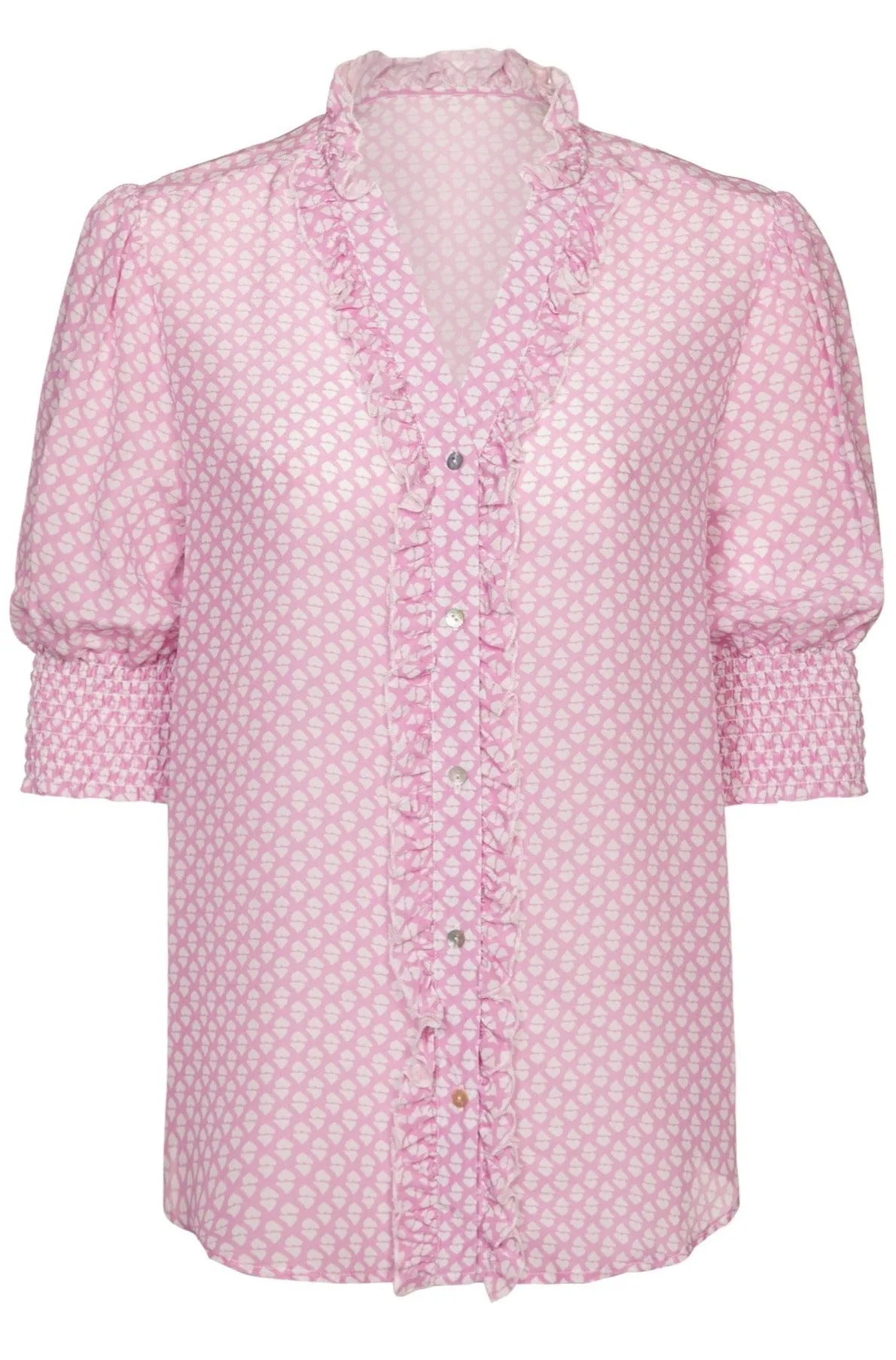 Emily Pink Summer Shirt - Pure Silk Vintage Print With White Hearts - 50% OFF