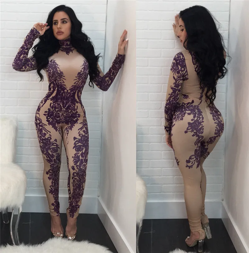 Floral Printed Bodycon Tight Nightclub Jumpsuit