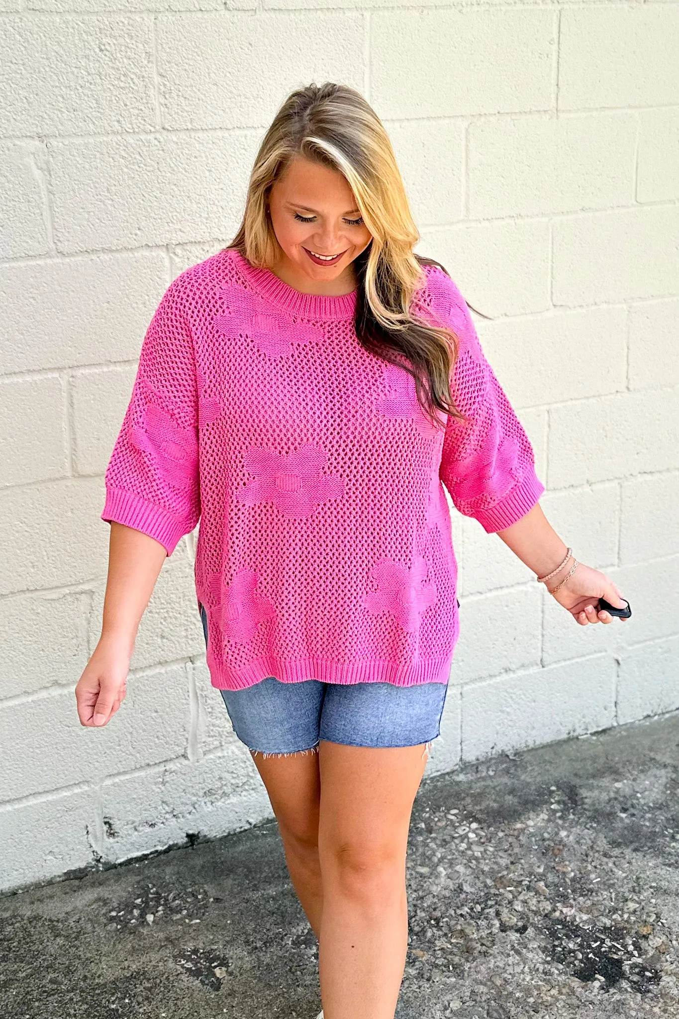 Flower Power Sweater Top, Hot Pink