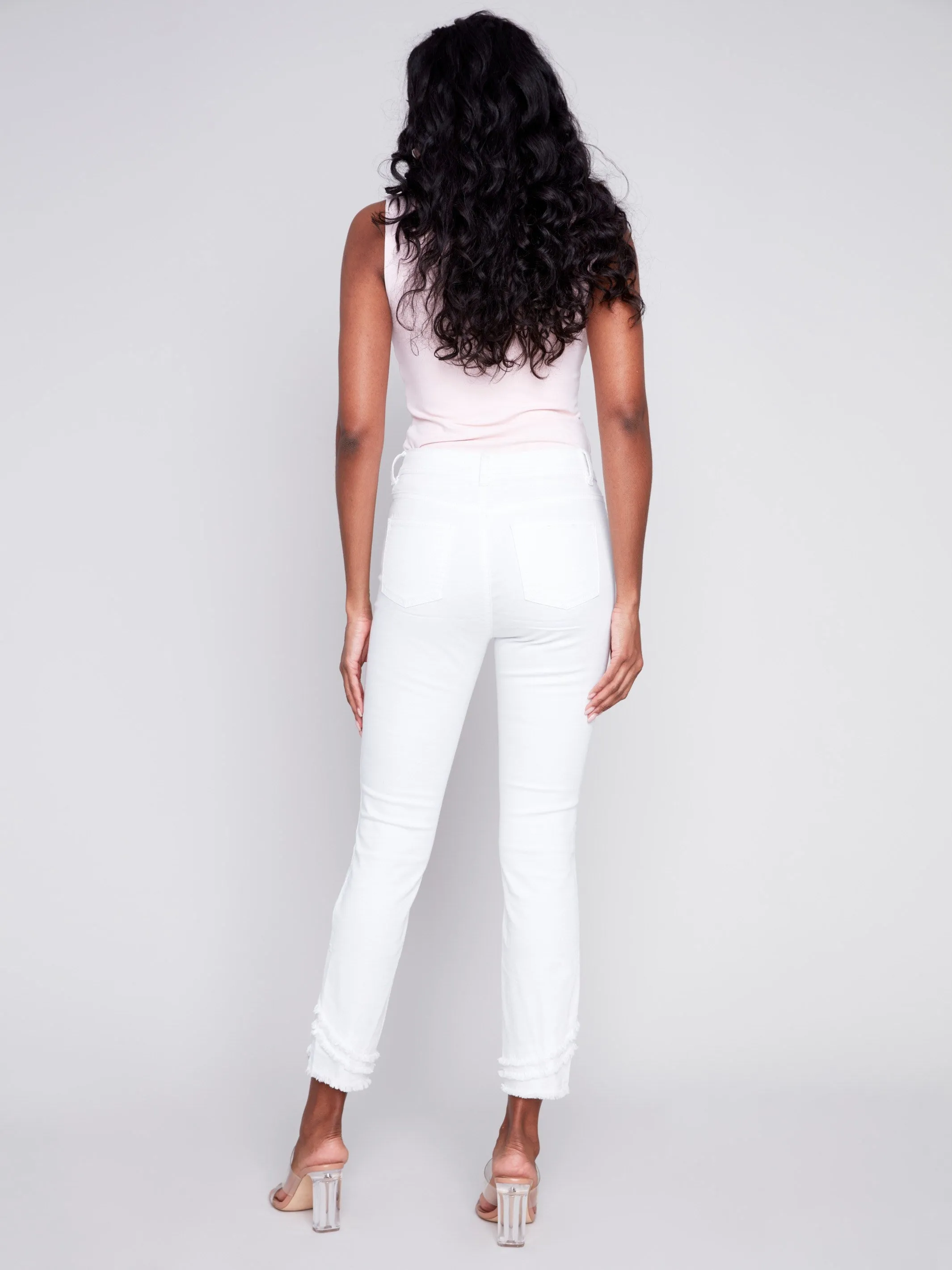 Frayed Hem Twill Pants - White