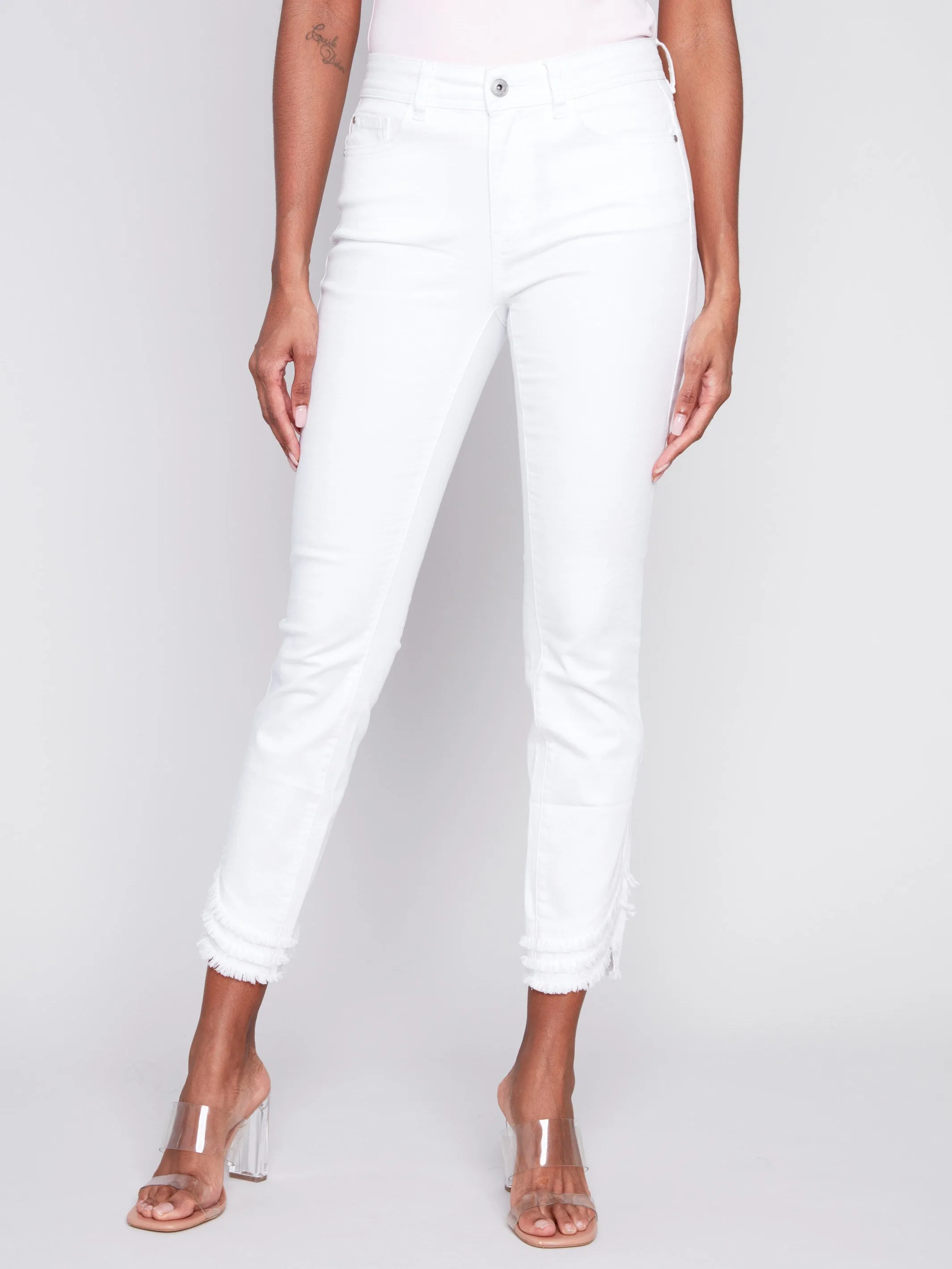 Frayed Hem Twill Pants - White