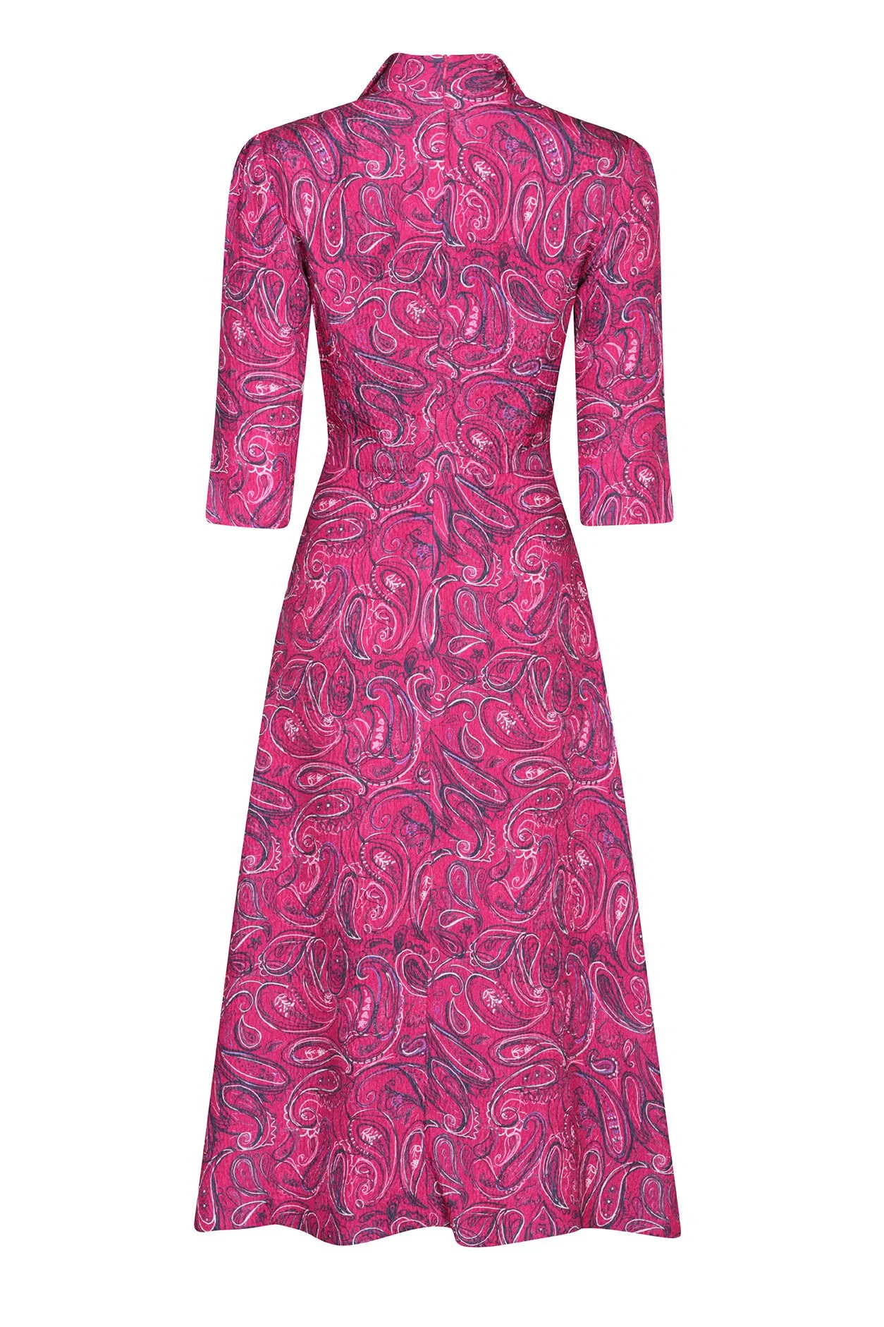 Fuchsia/Navy Paisley Printed Silk Cloqué Dress - Naomi