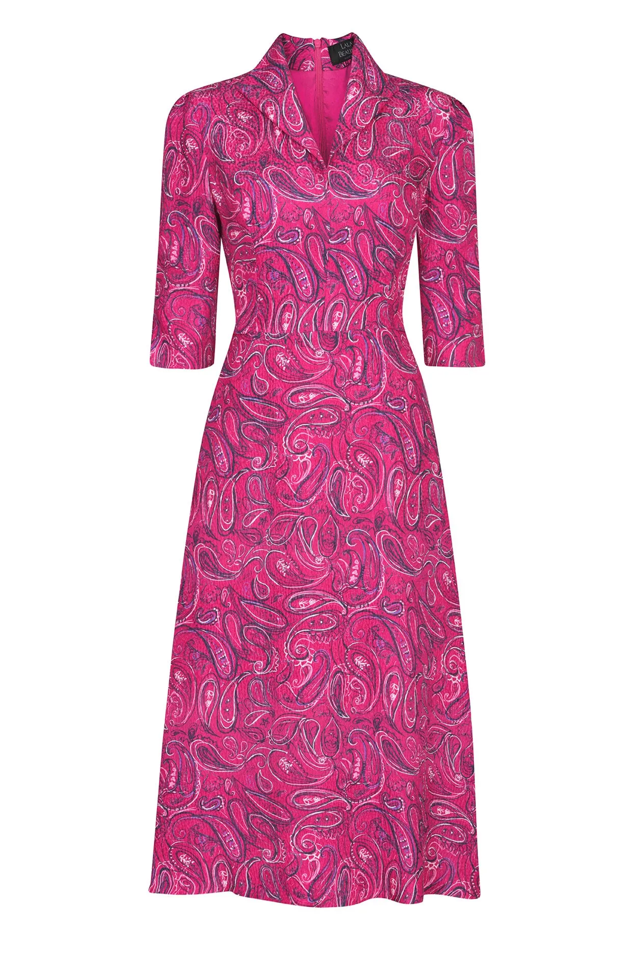 Fuchsia/Navy Paisley Printed Silk Cloqué Dress - Naomi