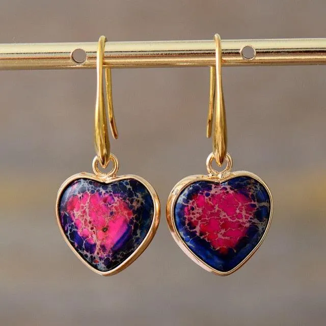 Giiny Red Centre Jasper Hearts Drop Earrings