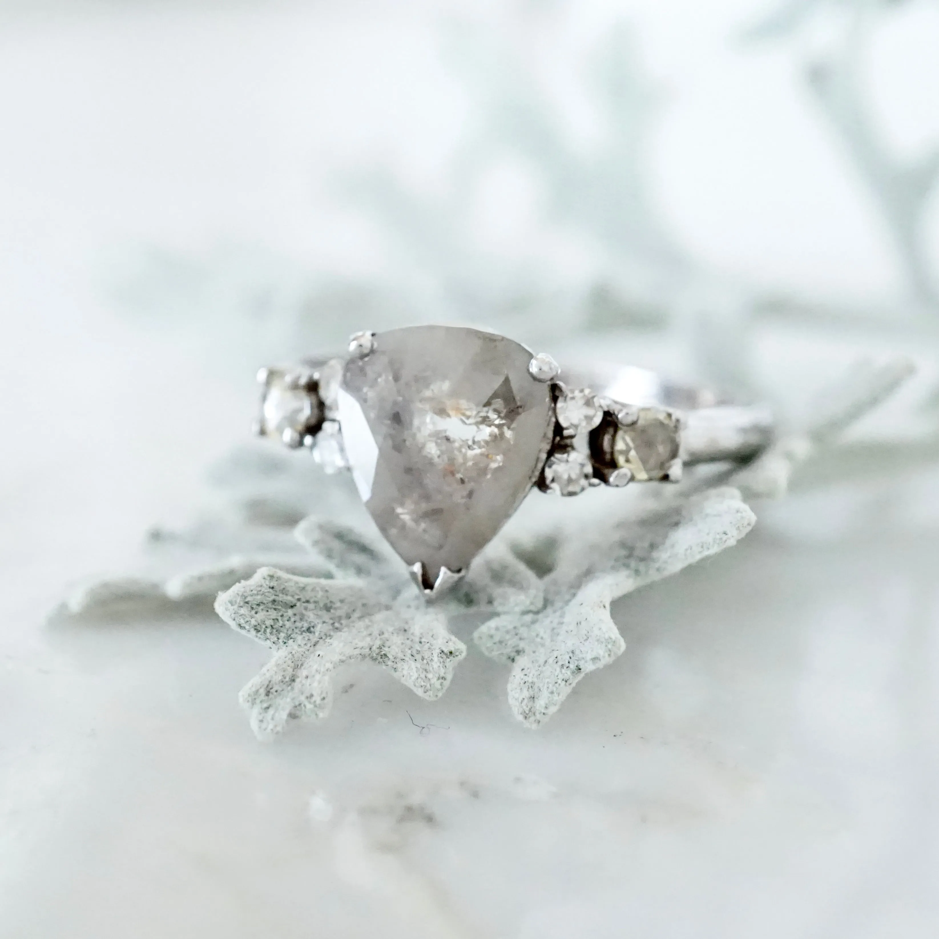 Gray Pear Diamond Ring - Light Gray Pear Rose Cut Diamond Engagement Ring - Grey Diamond Ring