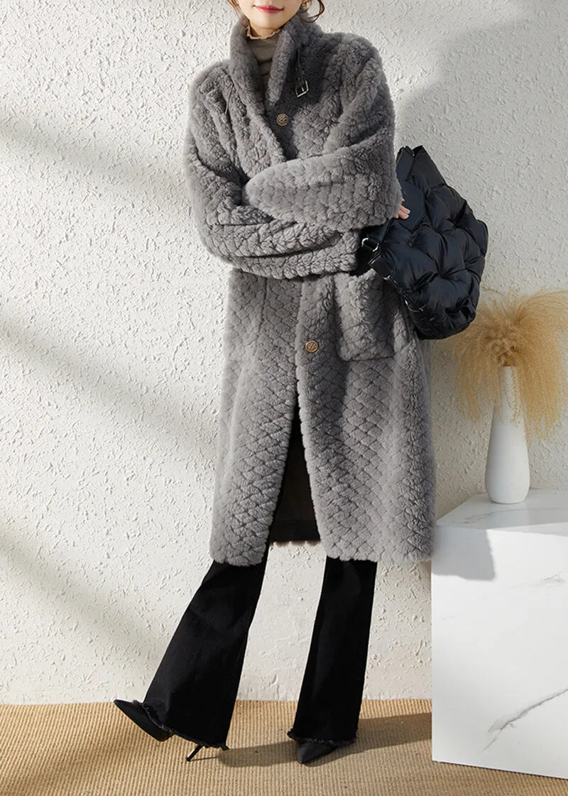 Gray Single Breasted Wool Fleece Long Coat