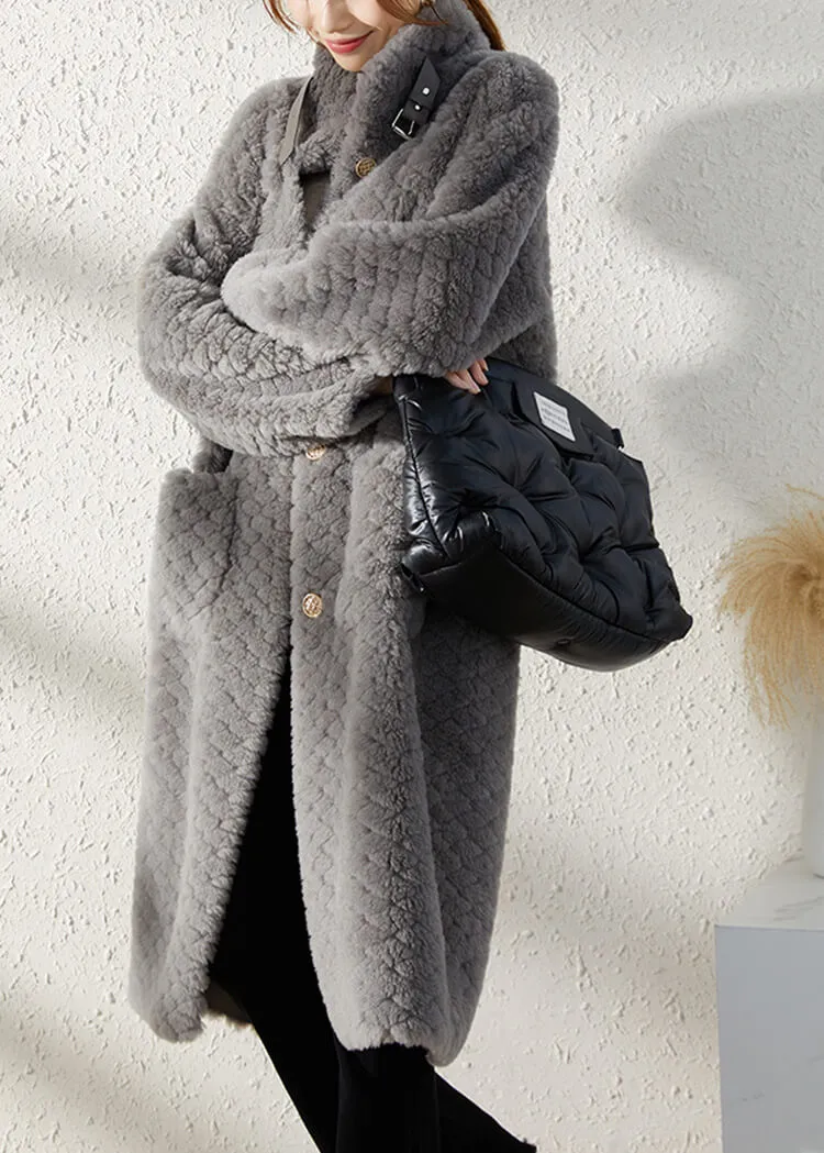 Gray Single Breasted Wool Fleece Long Coat