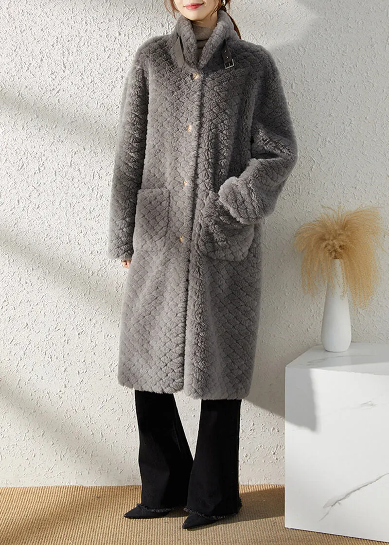 Gray Single Breasted Wool Fleece Long Coat