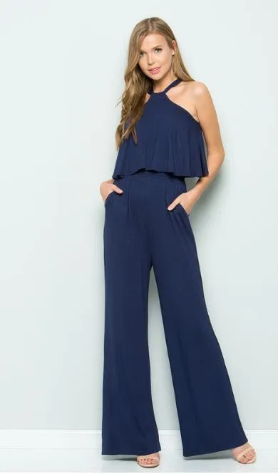 Halter Neck Ruffled Front Jumpsuit