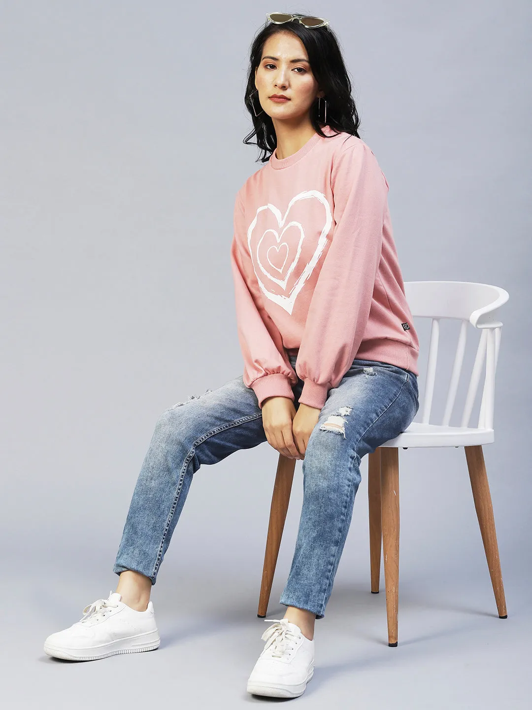 Heart Print Peasant Sleeve Fleece Sweatshirt