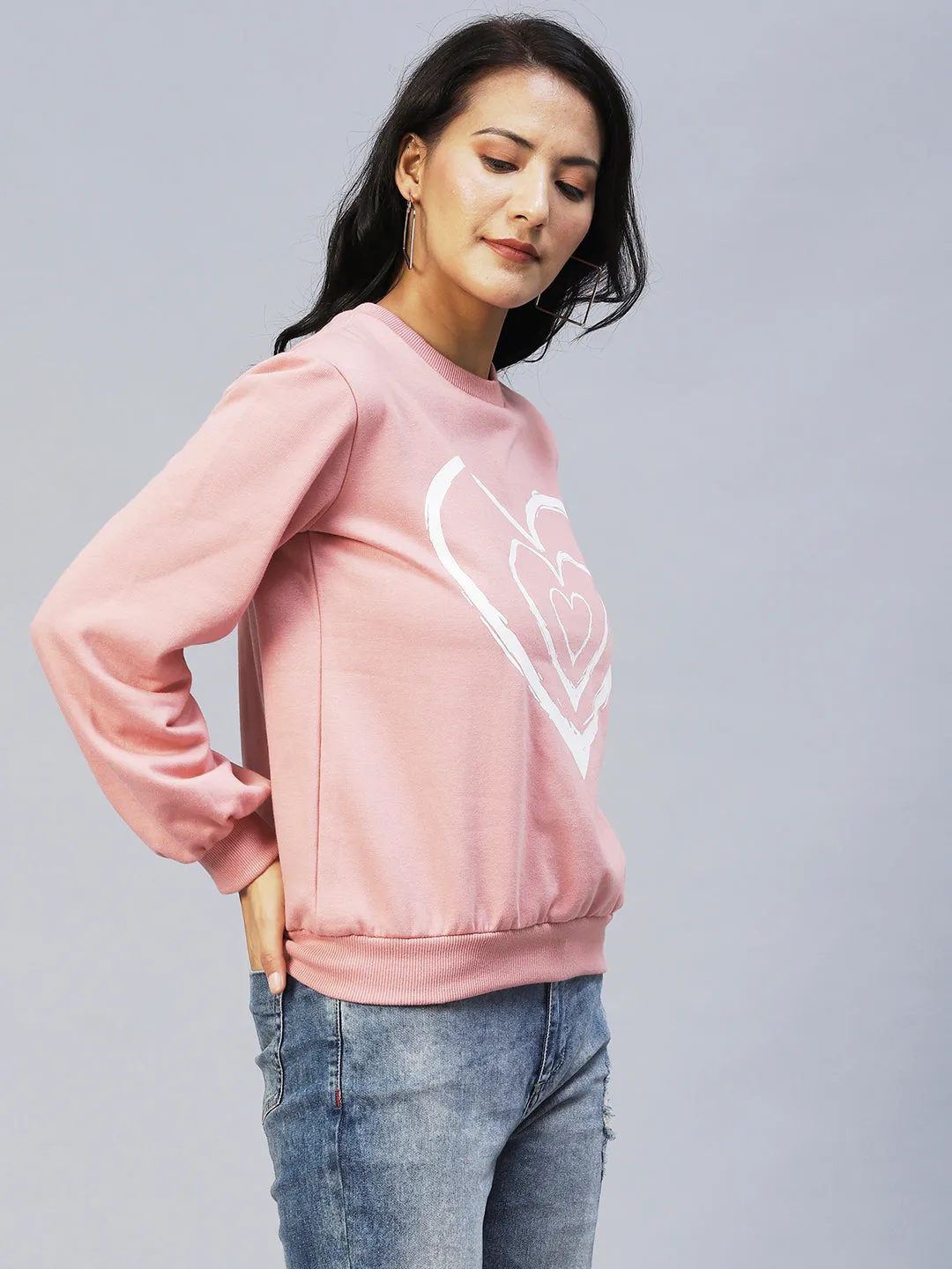 Heart Print Peasant Sleeve Fleece Sweatshirt