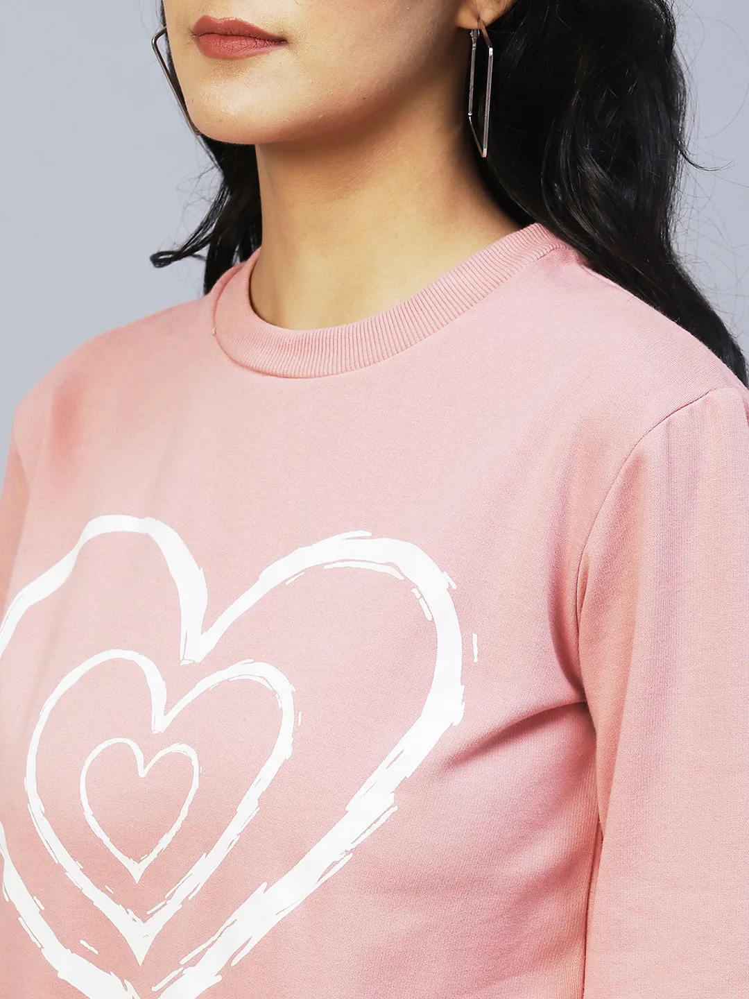 Heart Print Peasant Sleeve Fleece Sweatshirt