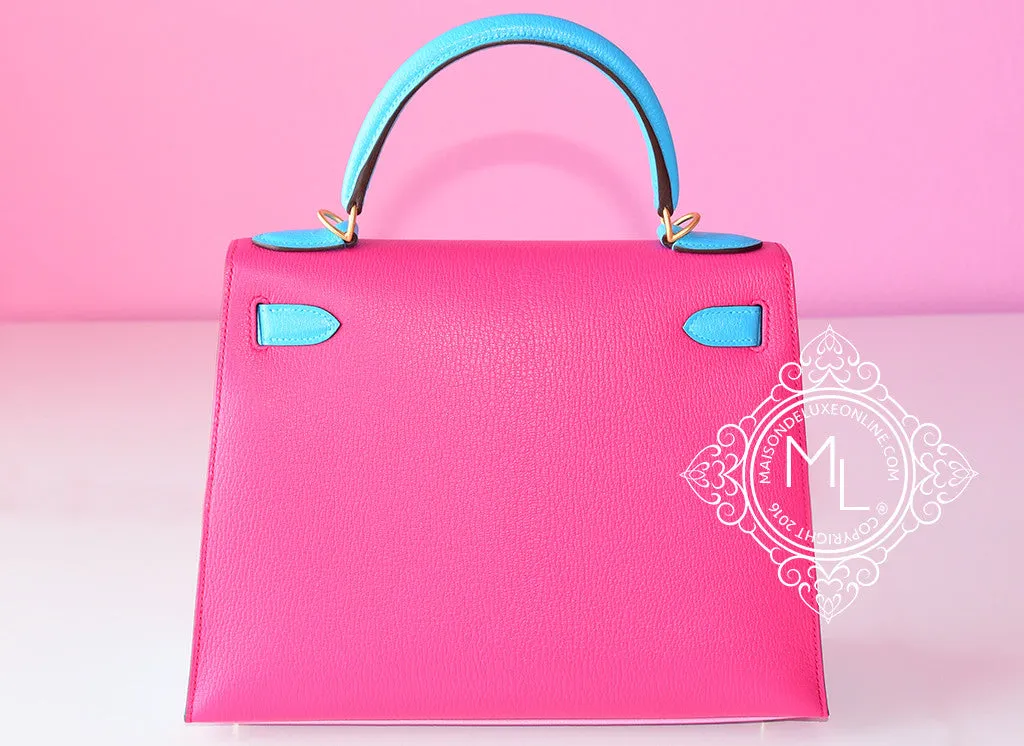 Hermes 5P Pink Rose Shocking Blue Aztec Sellier Chèvre Kelly 28 Handbag