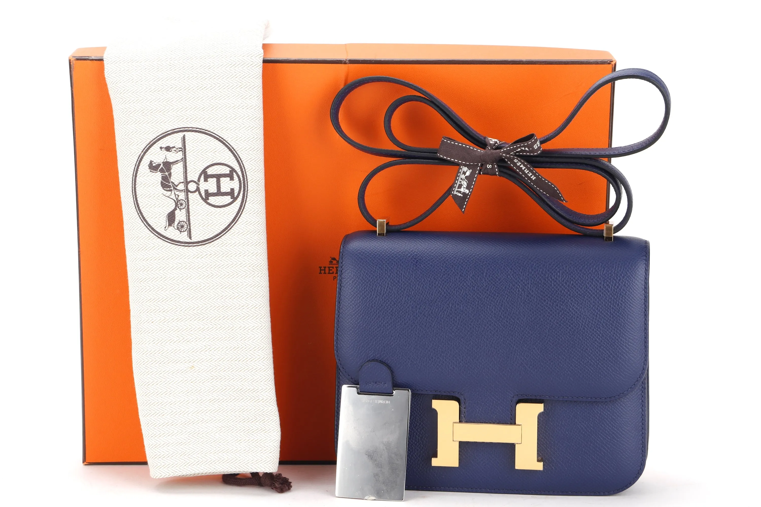 HERMES CONSTANCE 18 MINI MIRROR (STAMP U) VEAU EPSOM 73 BLUE IR, GOLD HARDWARE, WITH MIRROR, DUST COVER & BOX