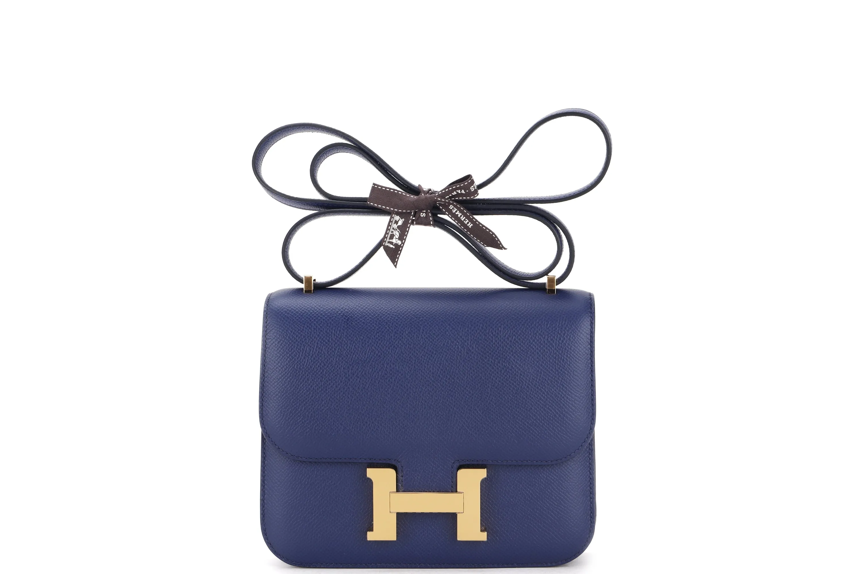 HERMES CONSTANCE 18 MINI MIRROR (STAMP U) VEAU EPSOM 73 BLUE IR, GOLD HARDWARE, WITH MIRROR, DUST COVER & BOX