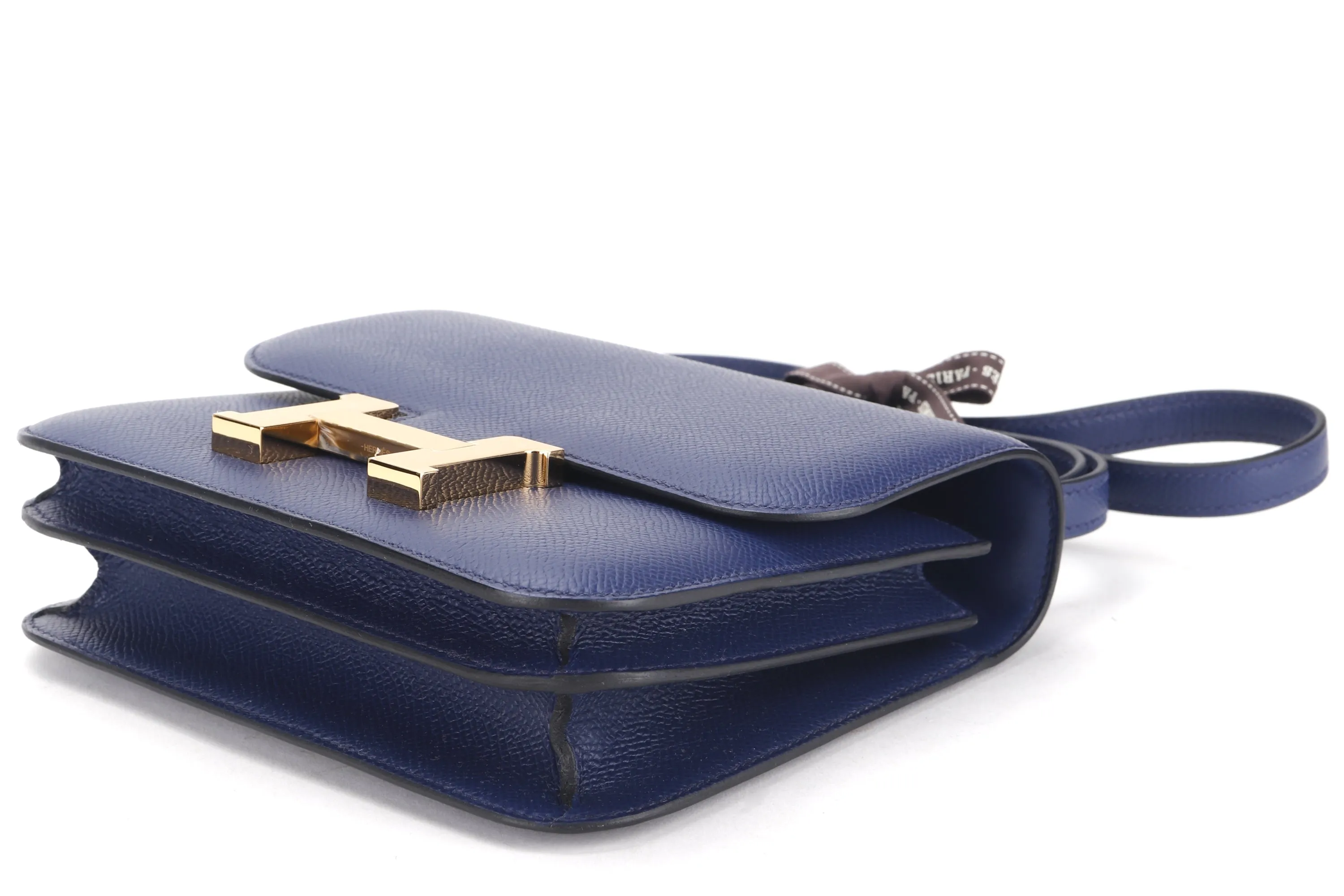 HERMES CONSTANCE 18 MINI MIRROR (STAMP U) VEAU EPSOM 73 BLUE IR, GOLD HARDWARE, WITH MIRROR, DUST COVER & BOX