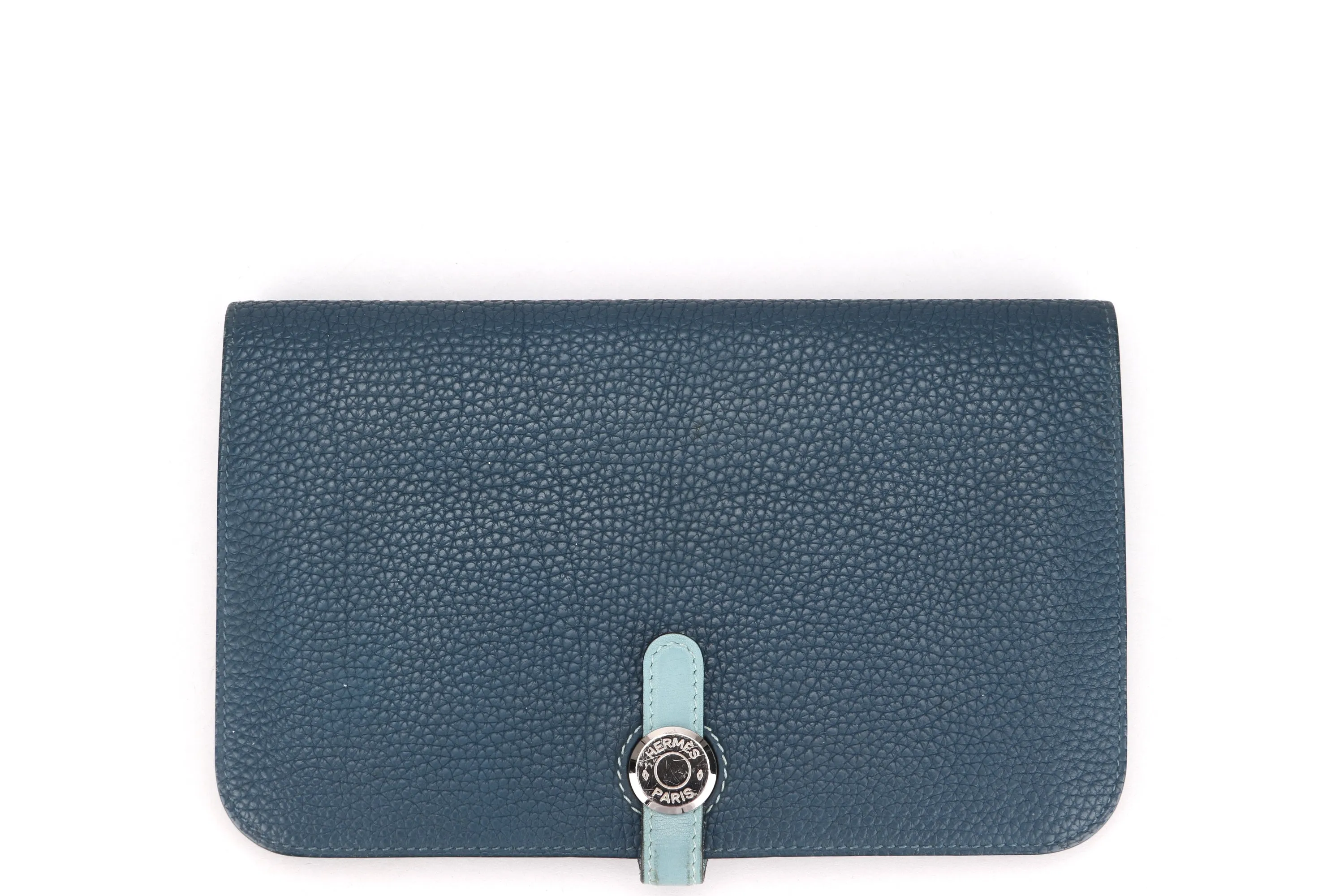 HERMES DONGON DUO WALLET (STAMP X) BLUE TOGO LEATHER PALLADIUM HARDWARE, NO DUST COVER & BOX