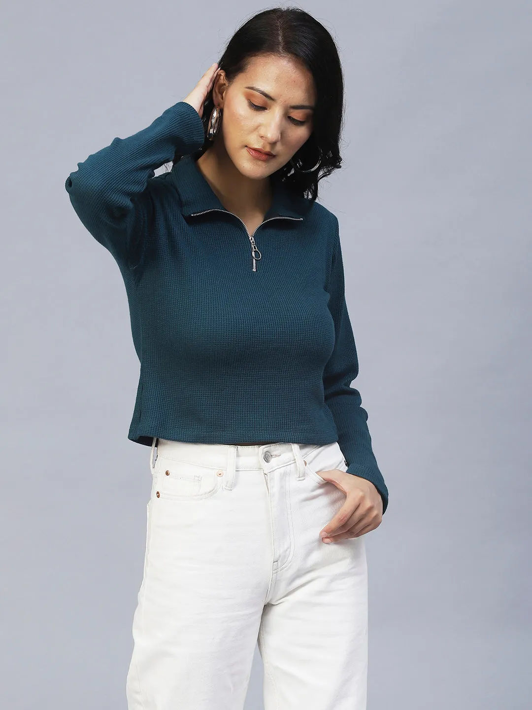 High Collar Half Zipper Neck Waffle Knit Top