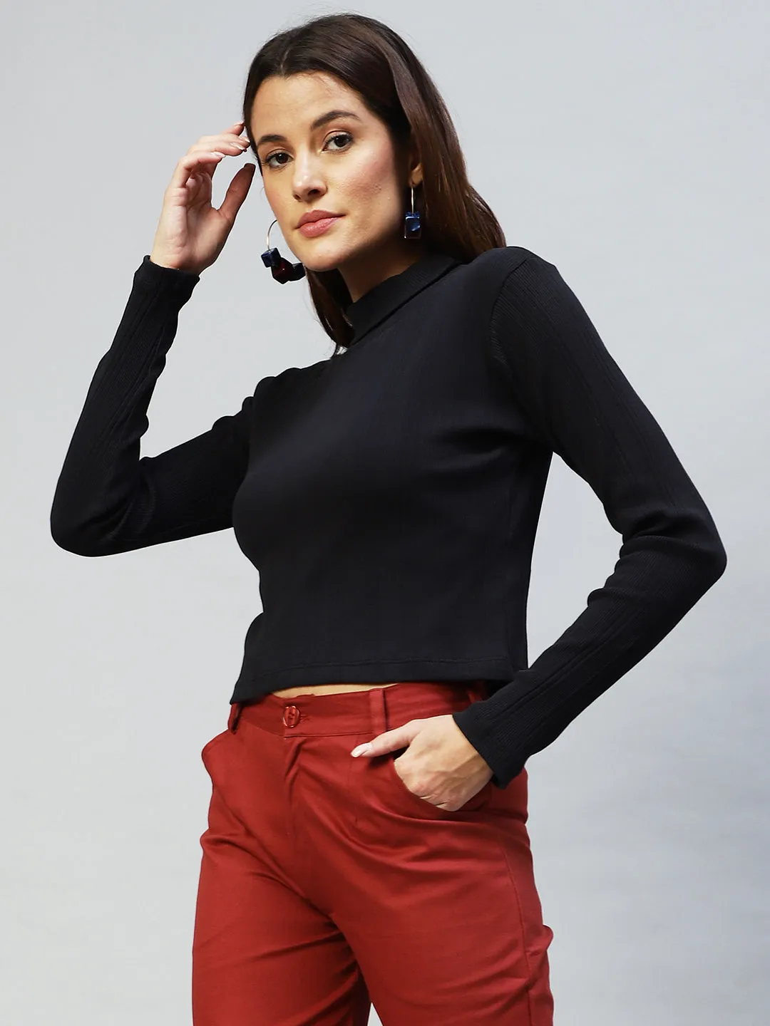 High Neck Full Sleeves Rib Top