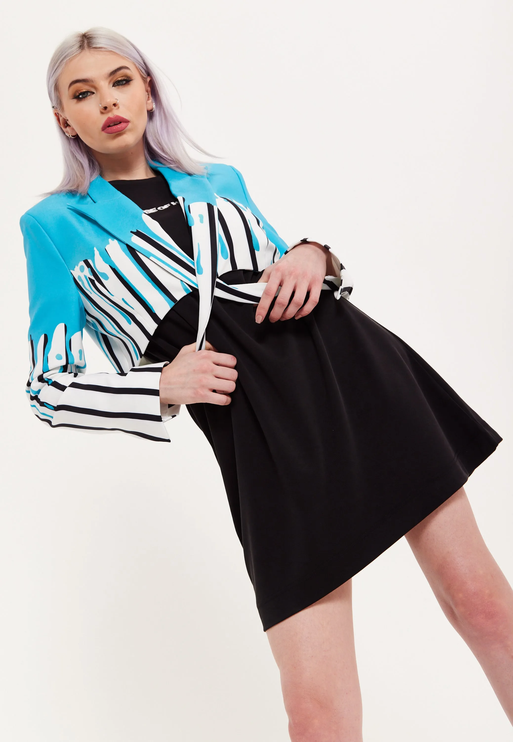 House Of Holland Stripe Monochrome Blue Splash Crop Blazer With Belt