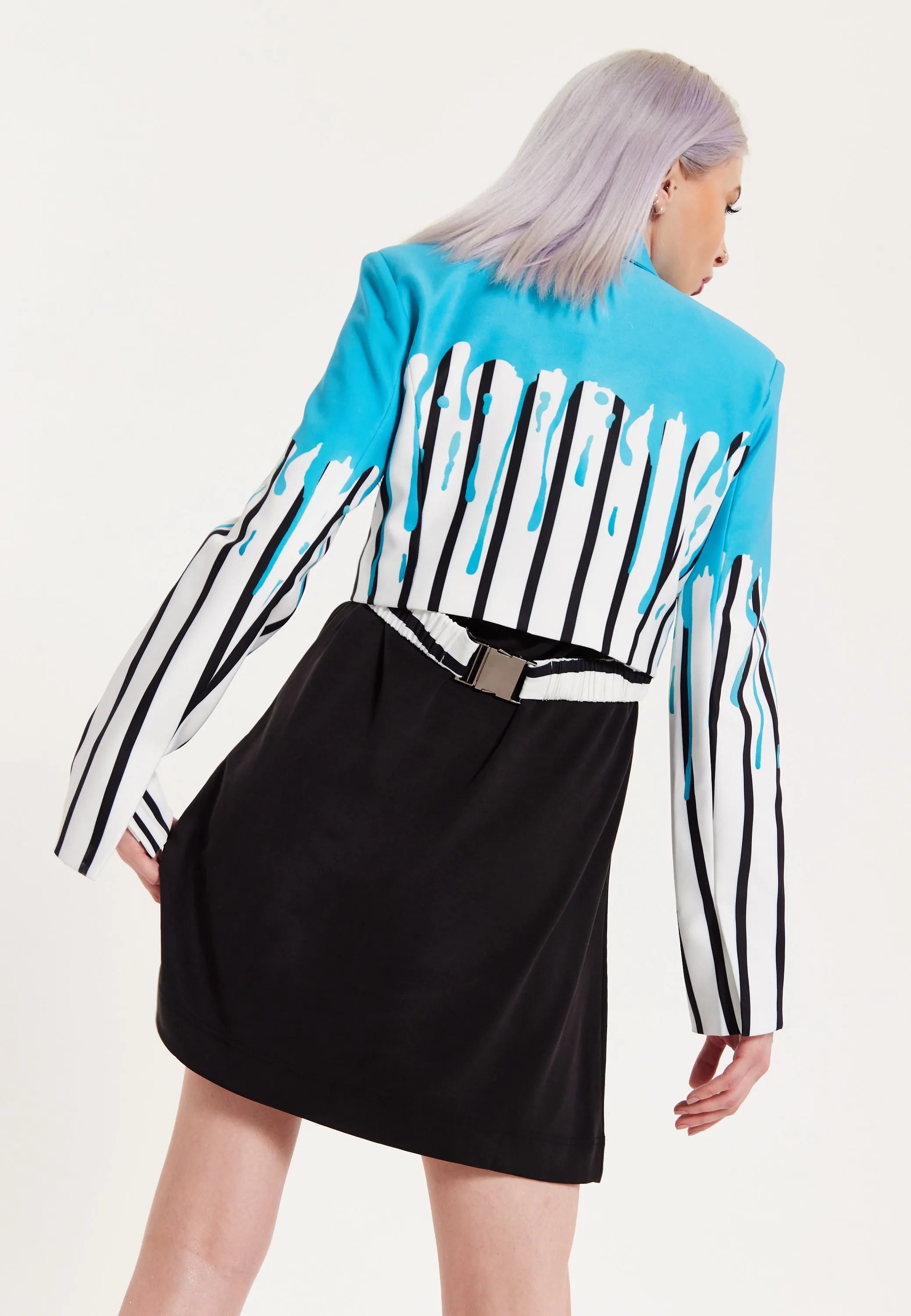 House Of Holland Stripe Monochrome Blue Splash Crop Blazer With Belt