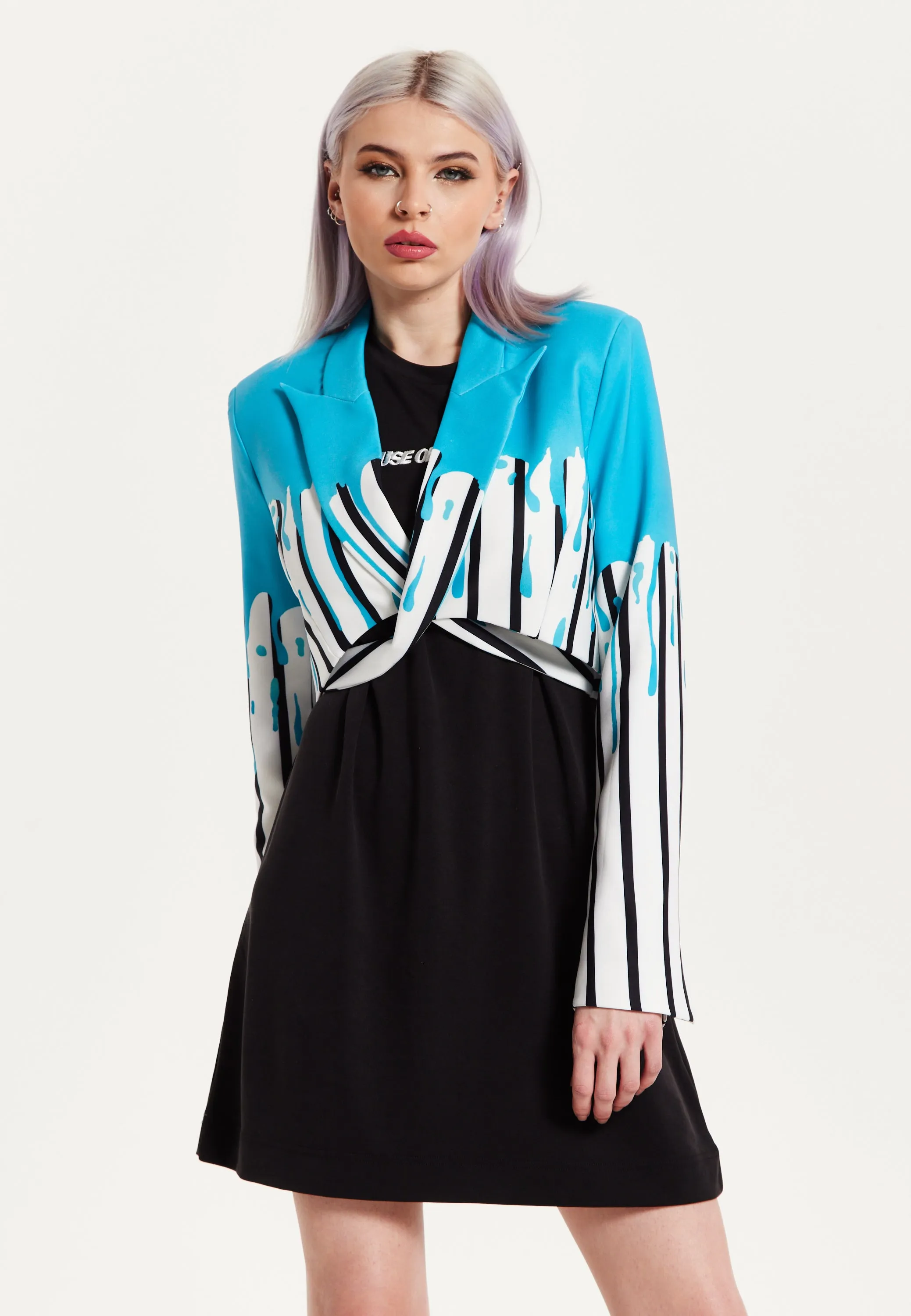 House Of Holland Stripe Monochrome Blue Splash Crop Blazer With Belt