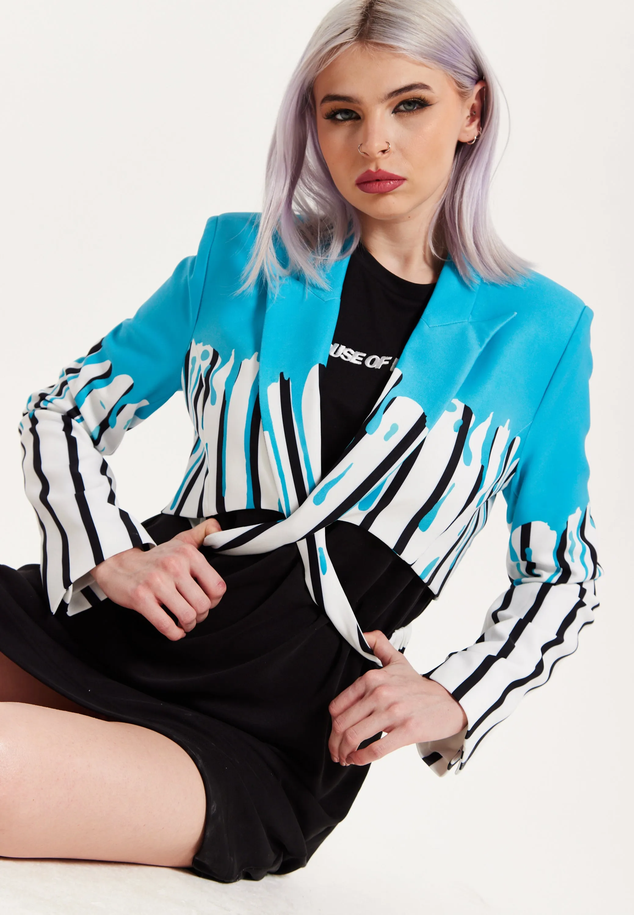 House Of Holland Stripe Monochrome Blue Splash Crop Blazer With Belt