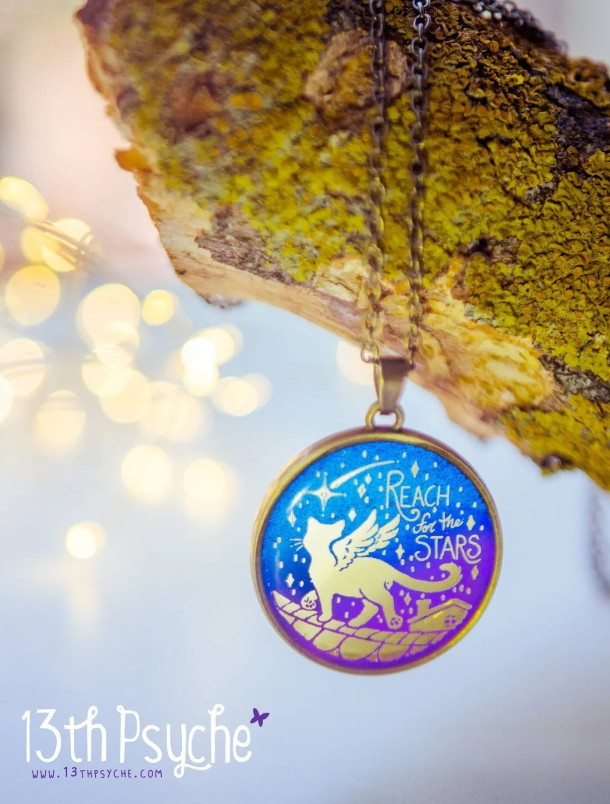 Inspirational "Reach for the stars" winged cat cameo necklace