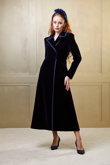 Isla - Velvet Dress Coat - Navy Blue